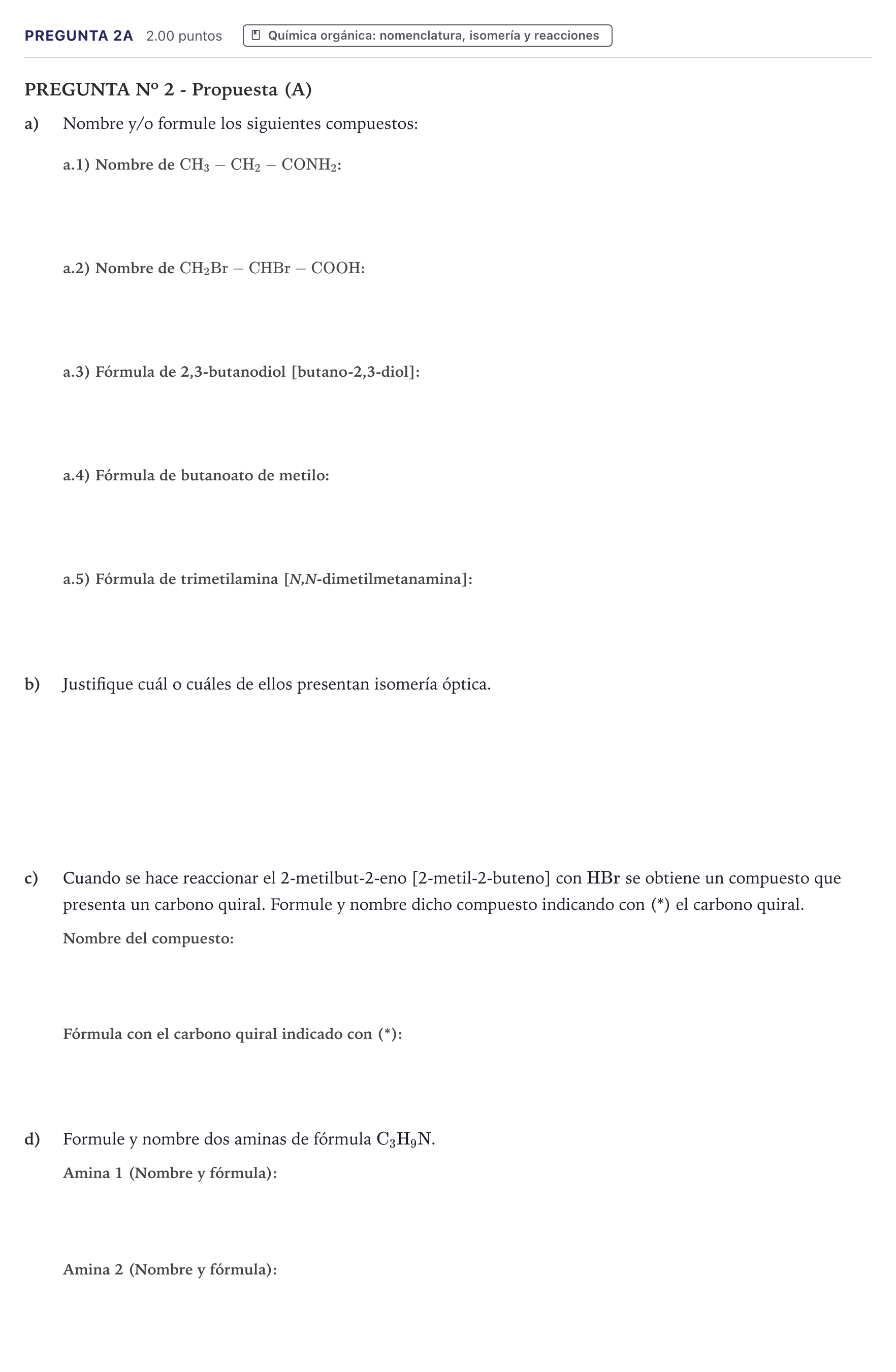 Enunciado: Pregunta 2A · Química PAU Canarias Julio 2024