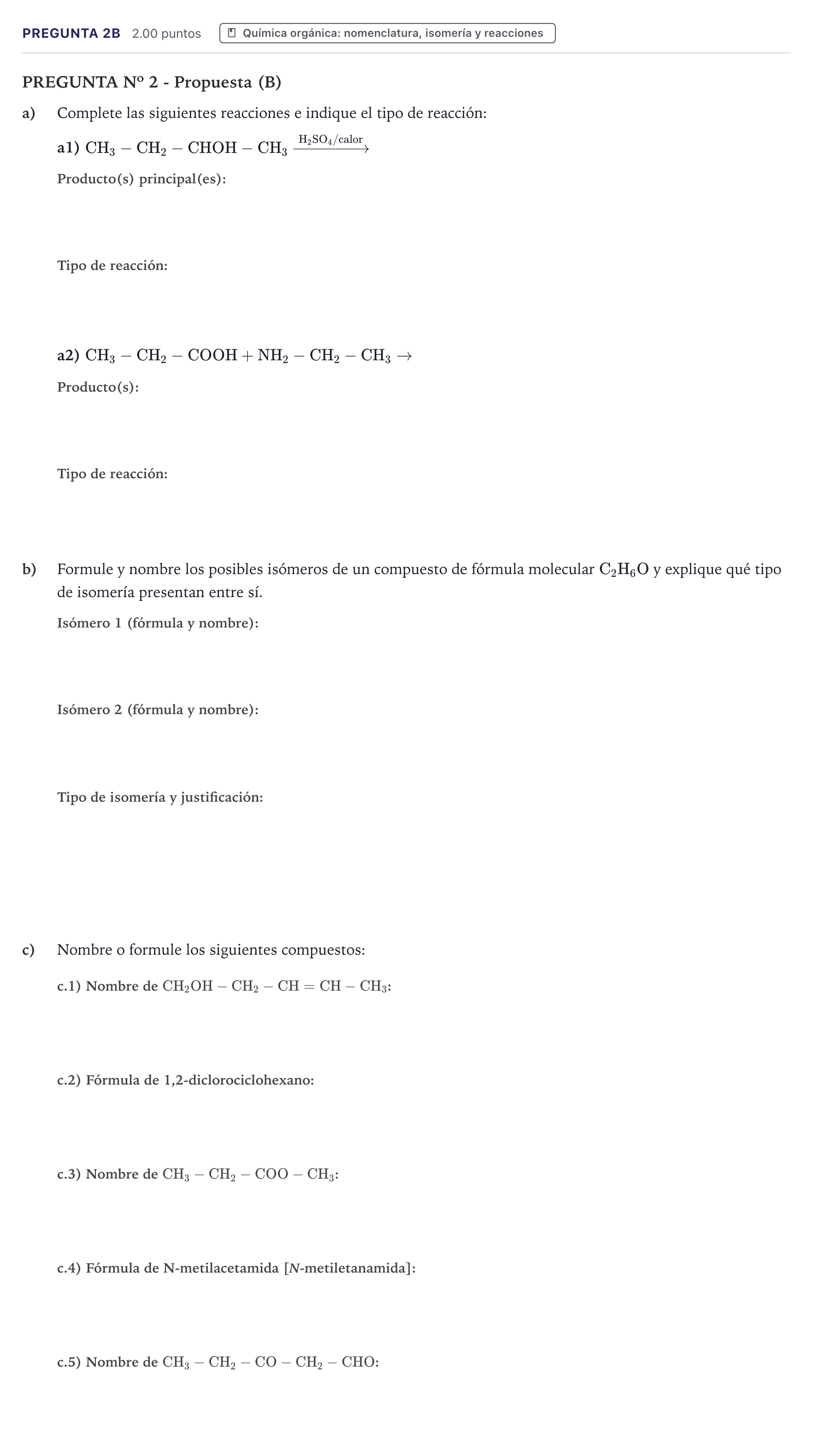 Enunciado: Pregunta 2B · Química PAU Canarias Julio 2024
