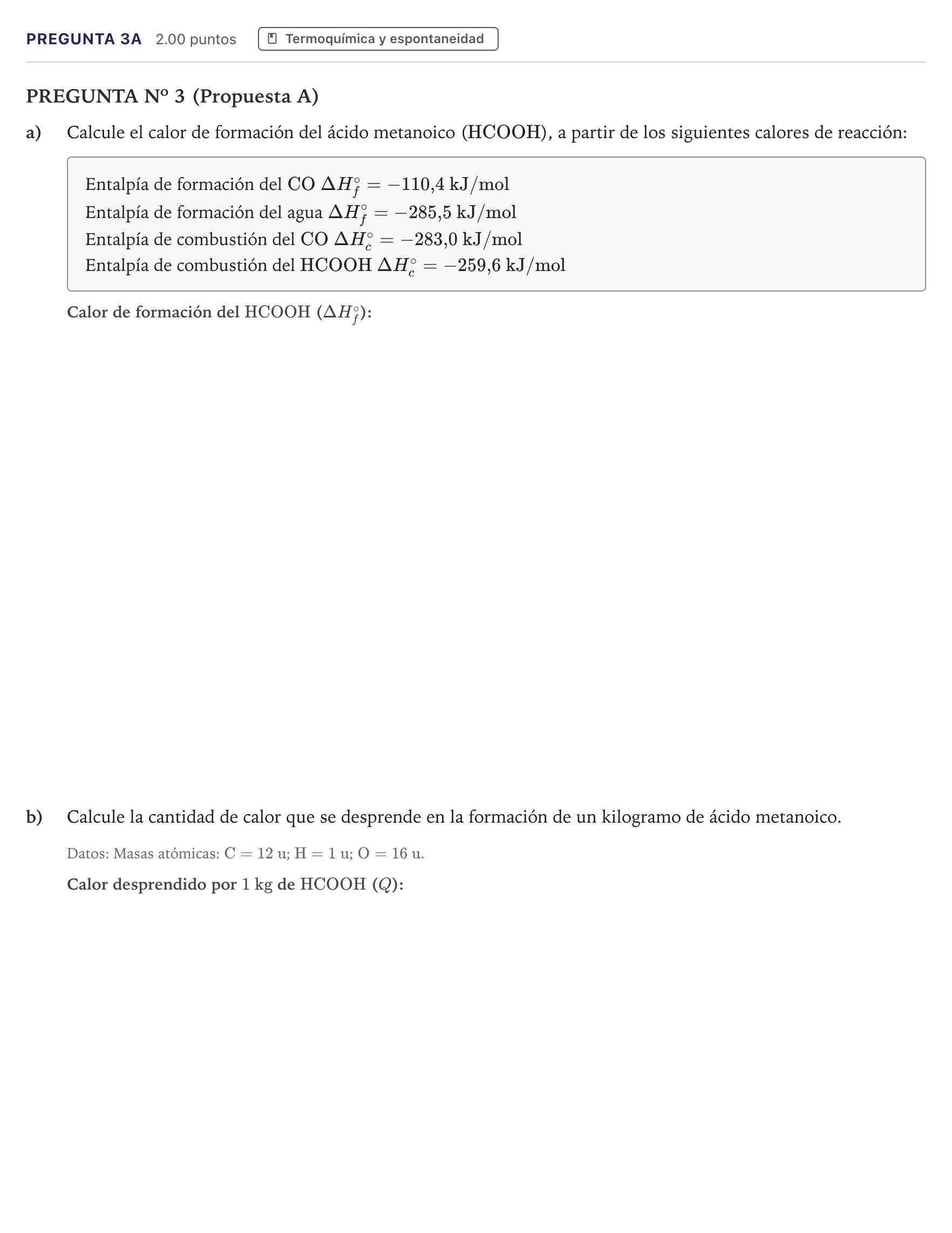 Enunciado: Pregunta 3A · Química PAU Canarias Julio 2024