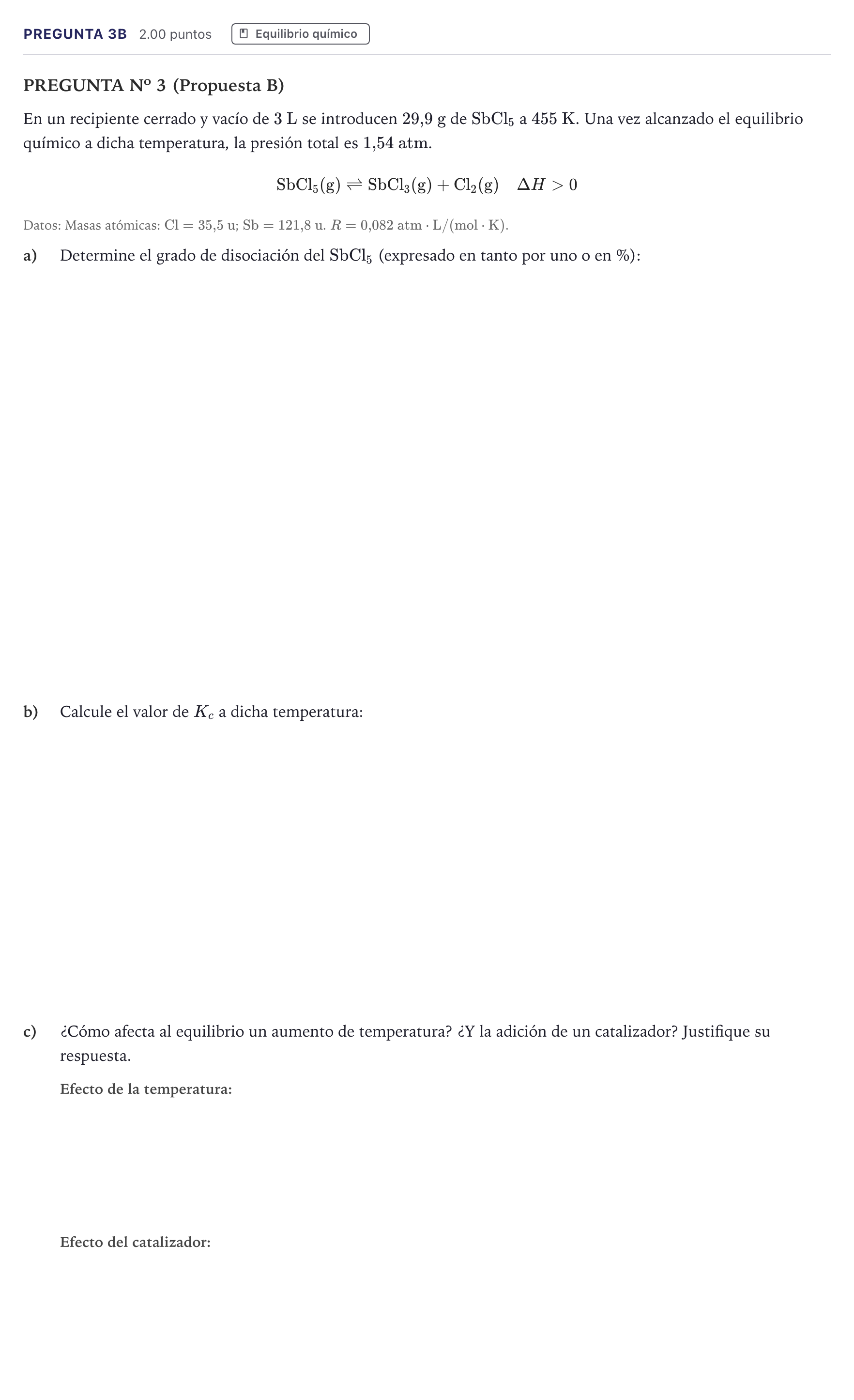 Enunciado: Pregunta 3B · Química PAU Canarias Julio 2024