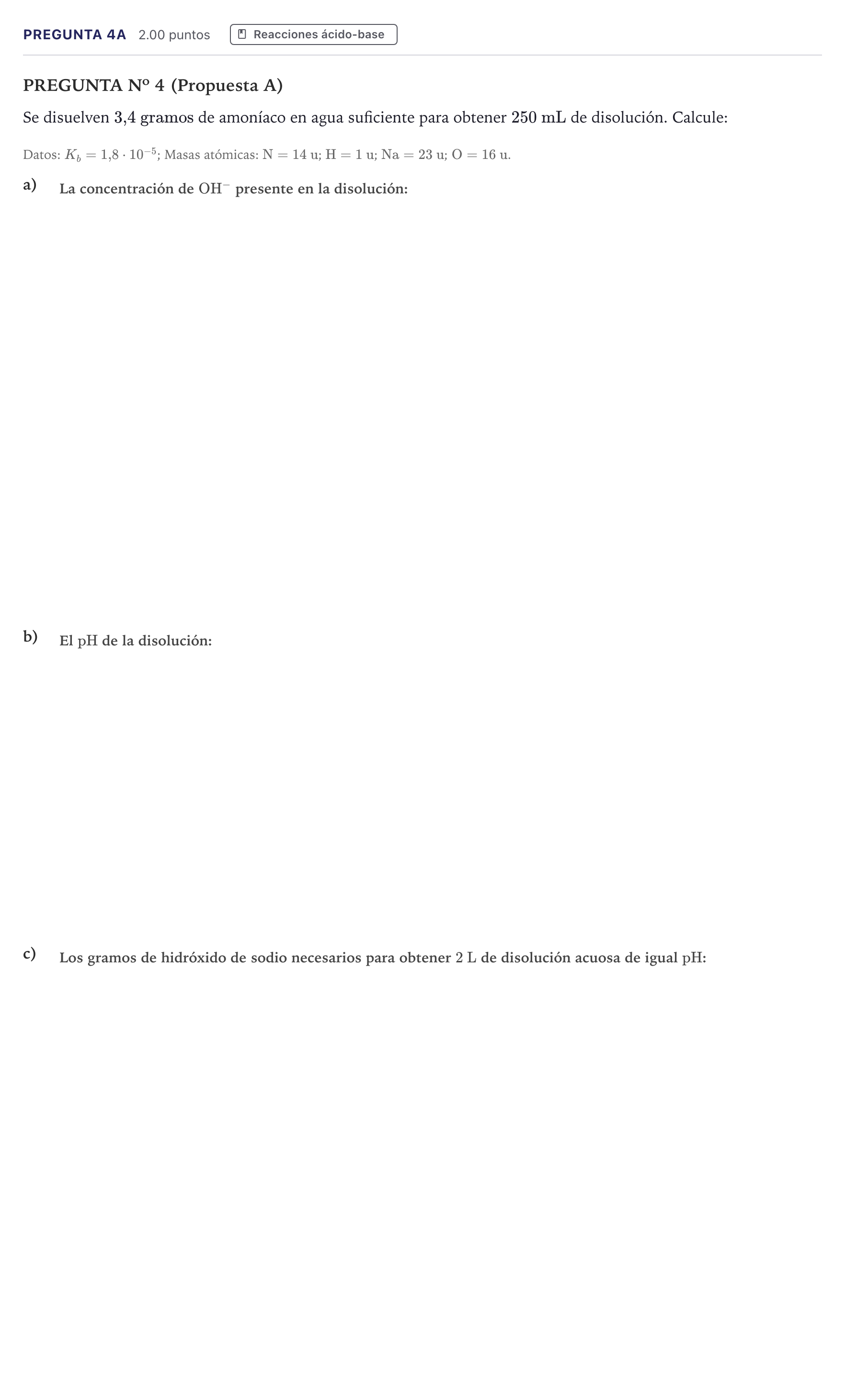 Enunciado: Pregunta 4A · Química PAU Canarias Julio 2024