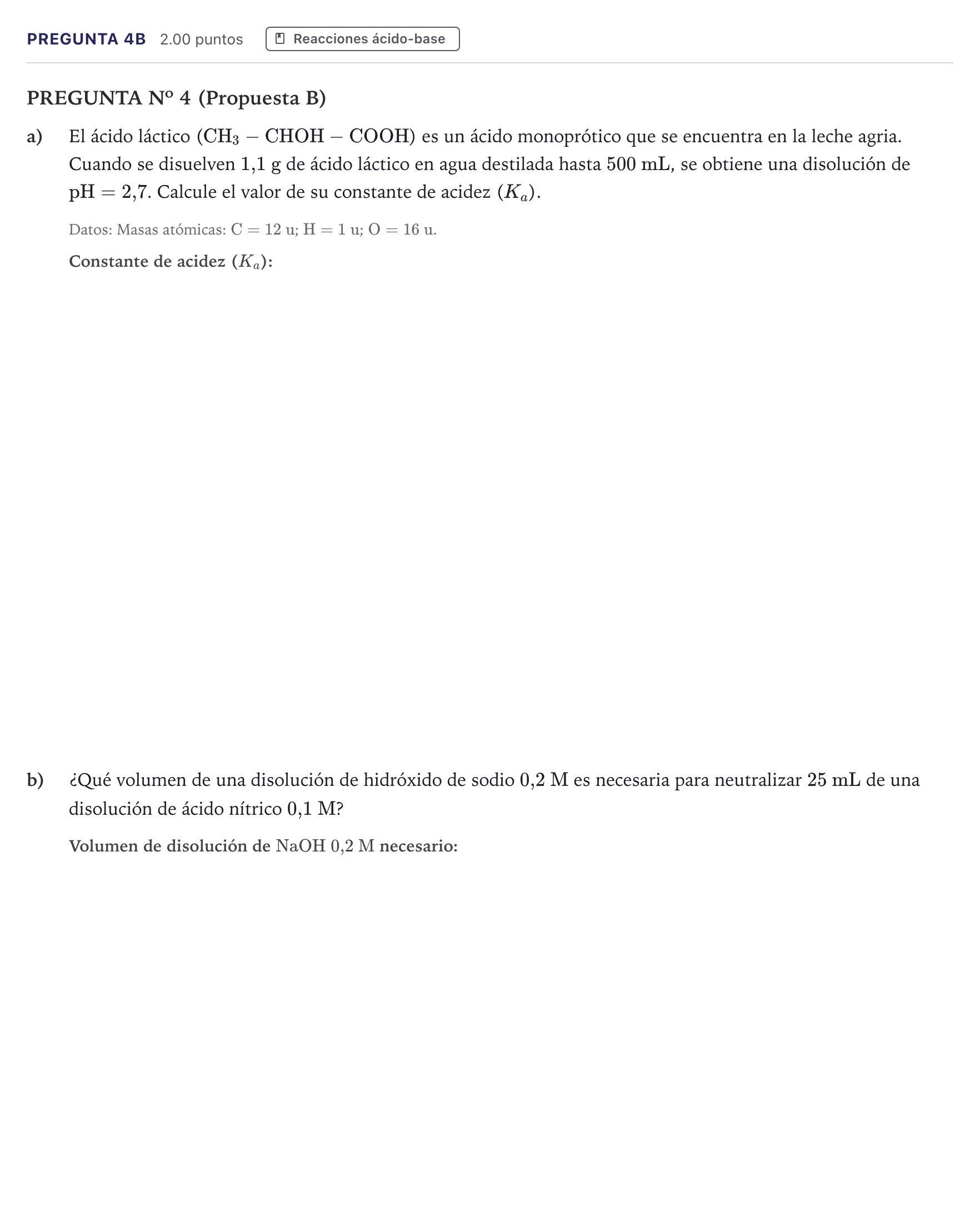 Enunciado: Pregunta 4B · Química PAU Canarias Julio 2024