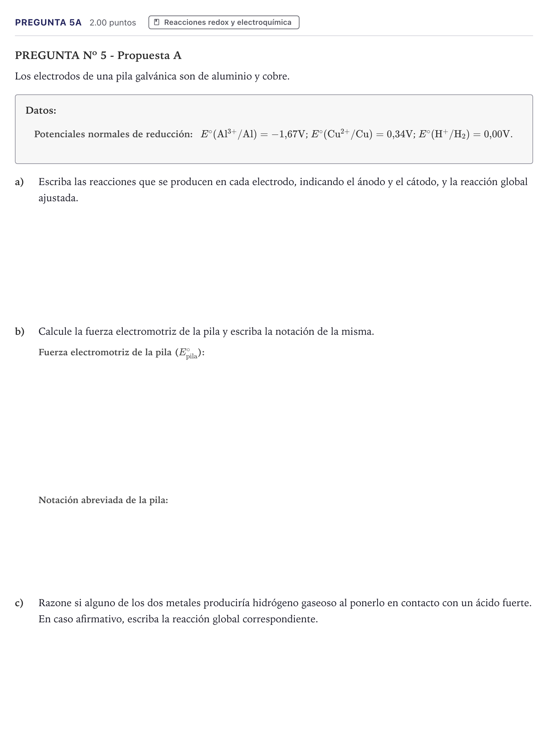 Enunciado: Pregunta 5A · Química PAU Canarias Julio 2024