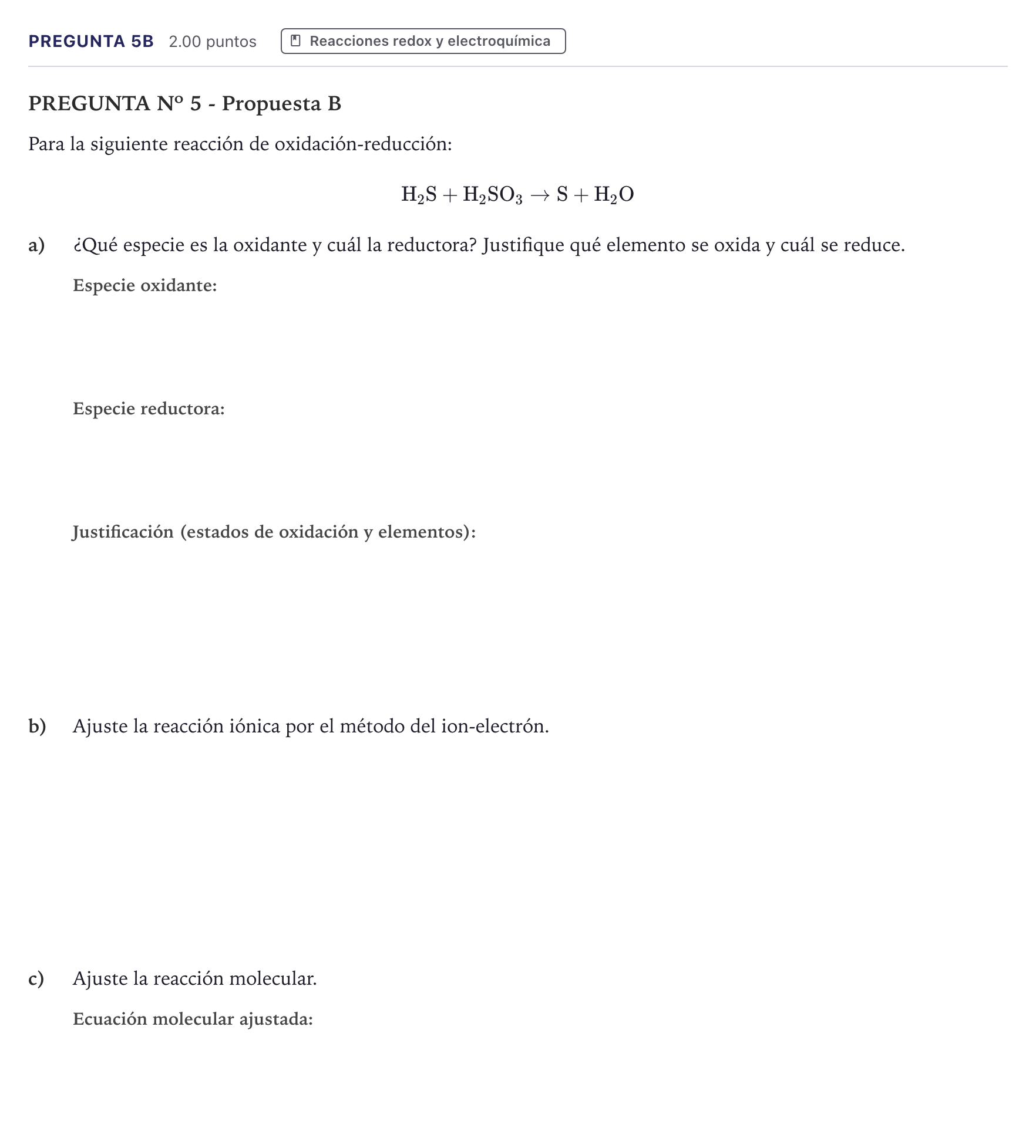 Enunciado: Pregunta 5B · Química PAU Canarias Julio 2024