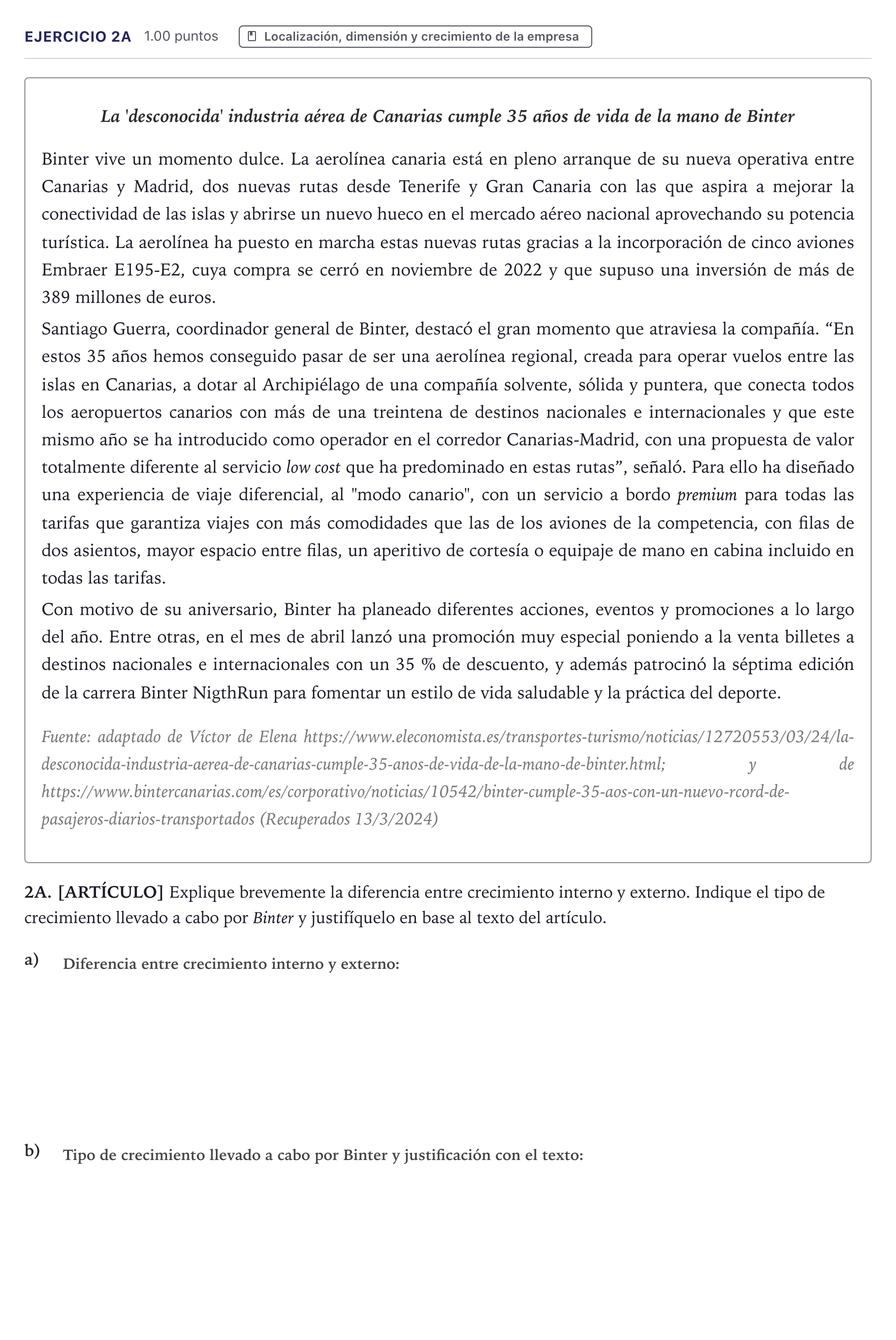 Enunciado: Ejercicio 2A · Economía de la Empresa PAU Canarias Julio 2024