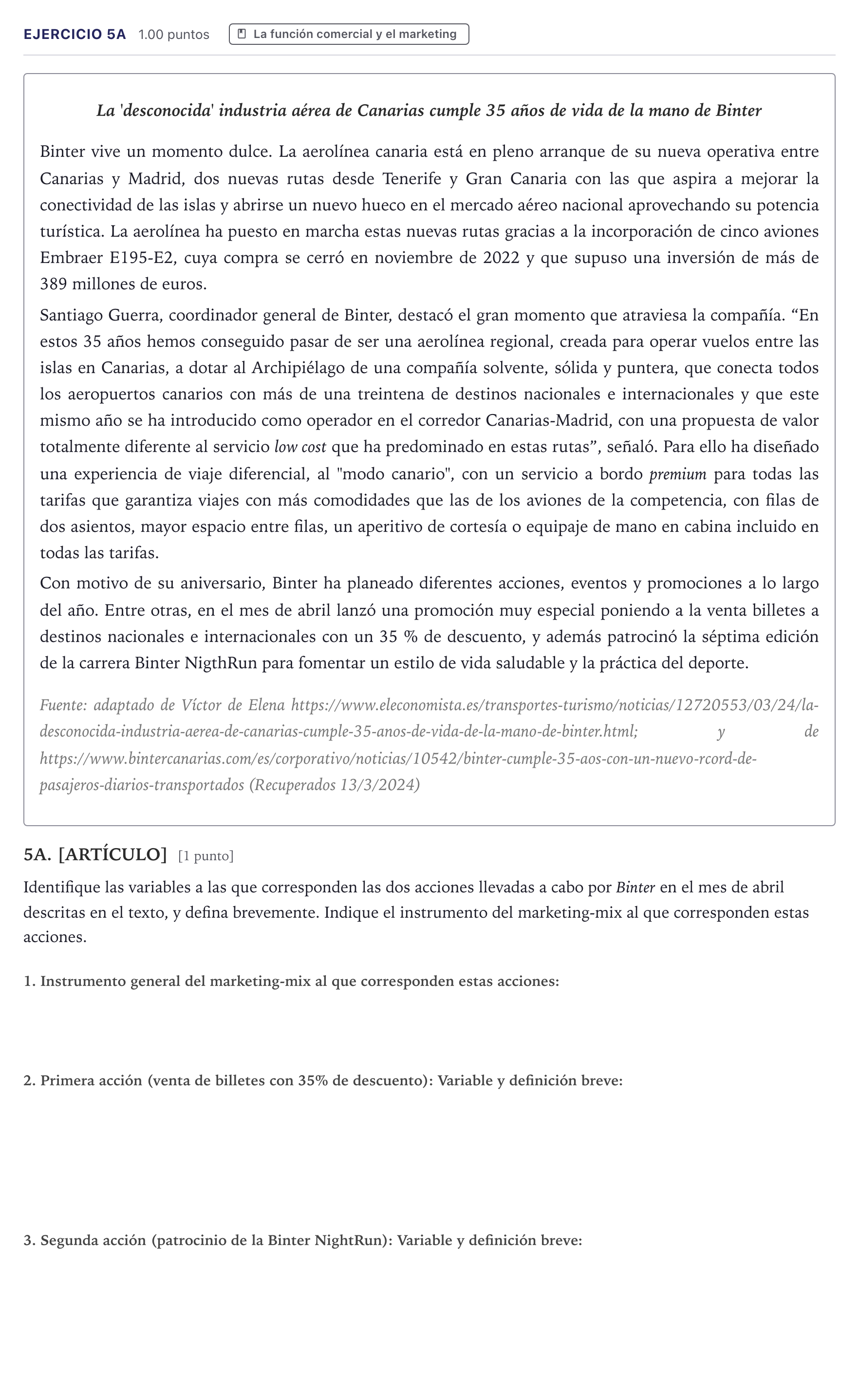 Enunciado: Ejercicio 5A · Economía de la Empresa PAU Canarias Julio 2024