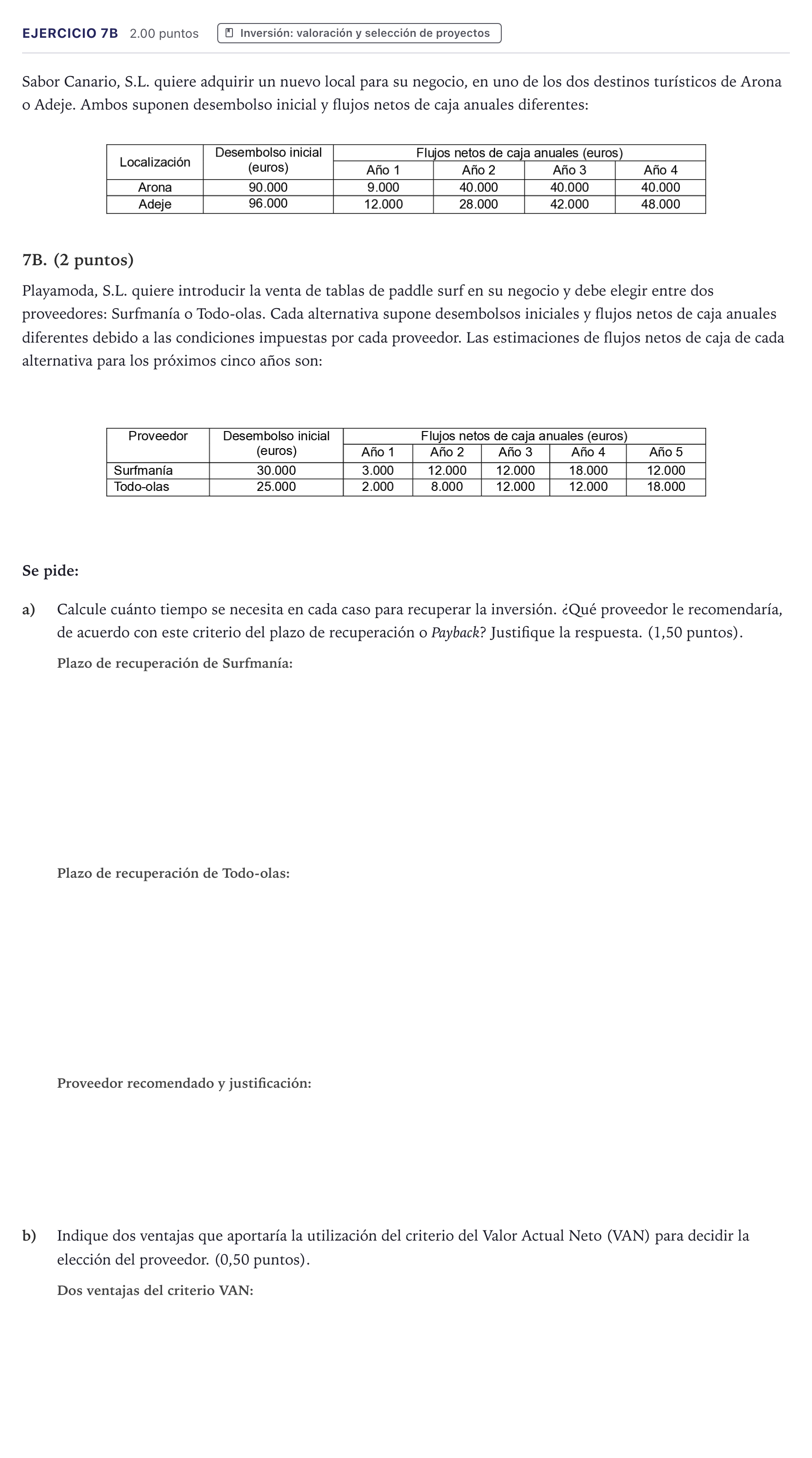 Enunciado: Ejercicio 7B · Economía de la Empresa PAU Canarias Julio 2024