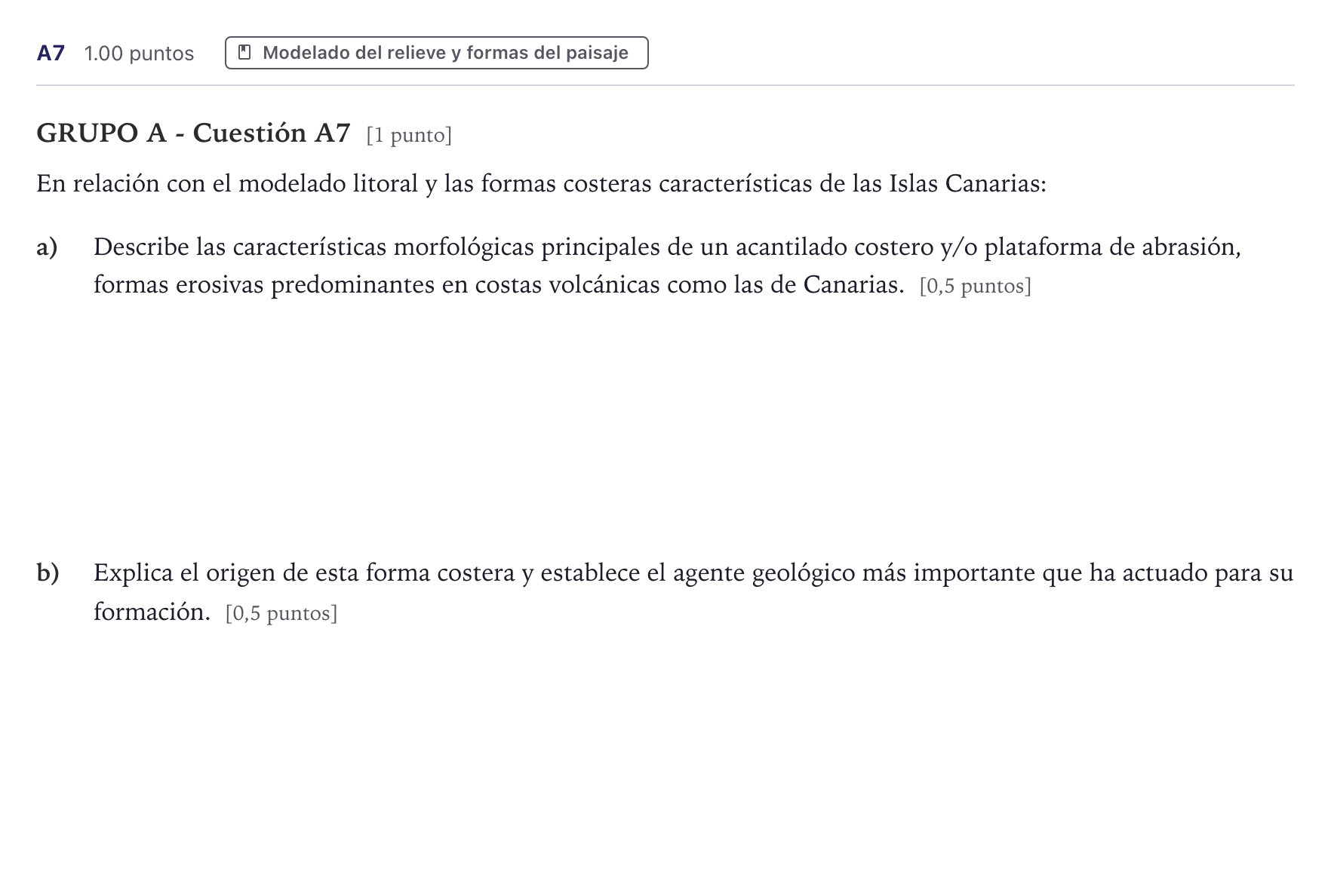 Enunciado: Ejercicio A7 · Geología PAU Canarias Julio (Ciencias) 2024