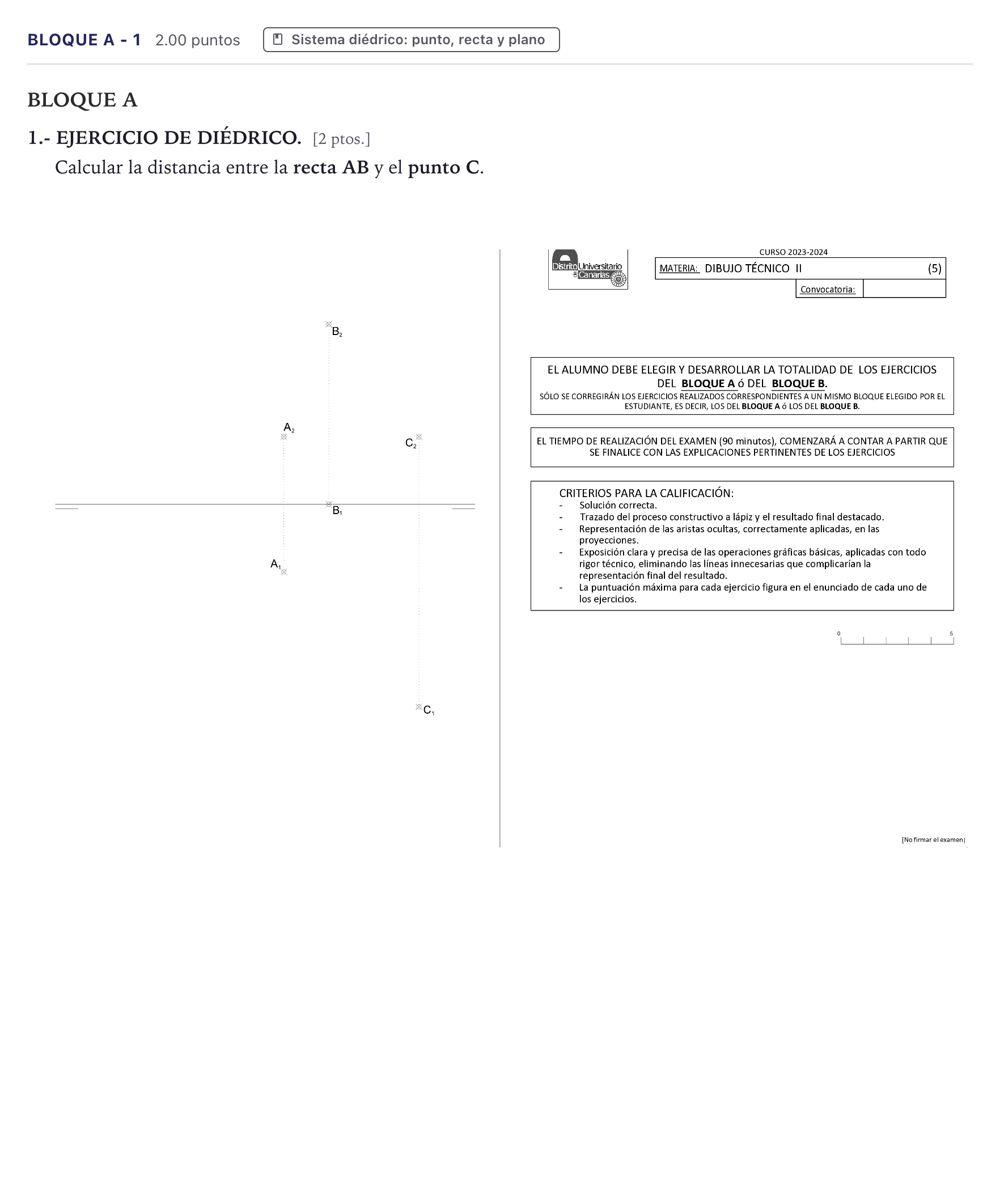 Enunciado: Bloque A - 1 · Dibujo técnico II PAU Canarias Julio 2024