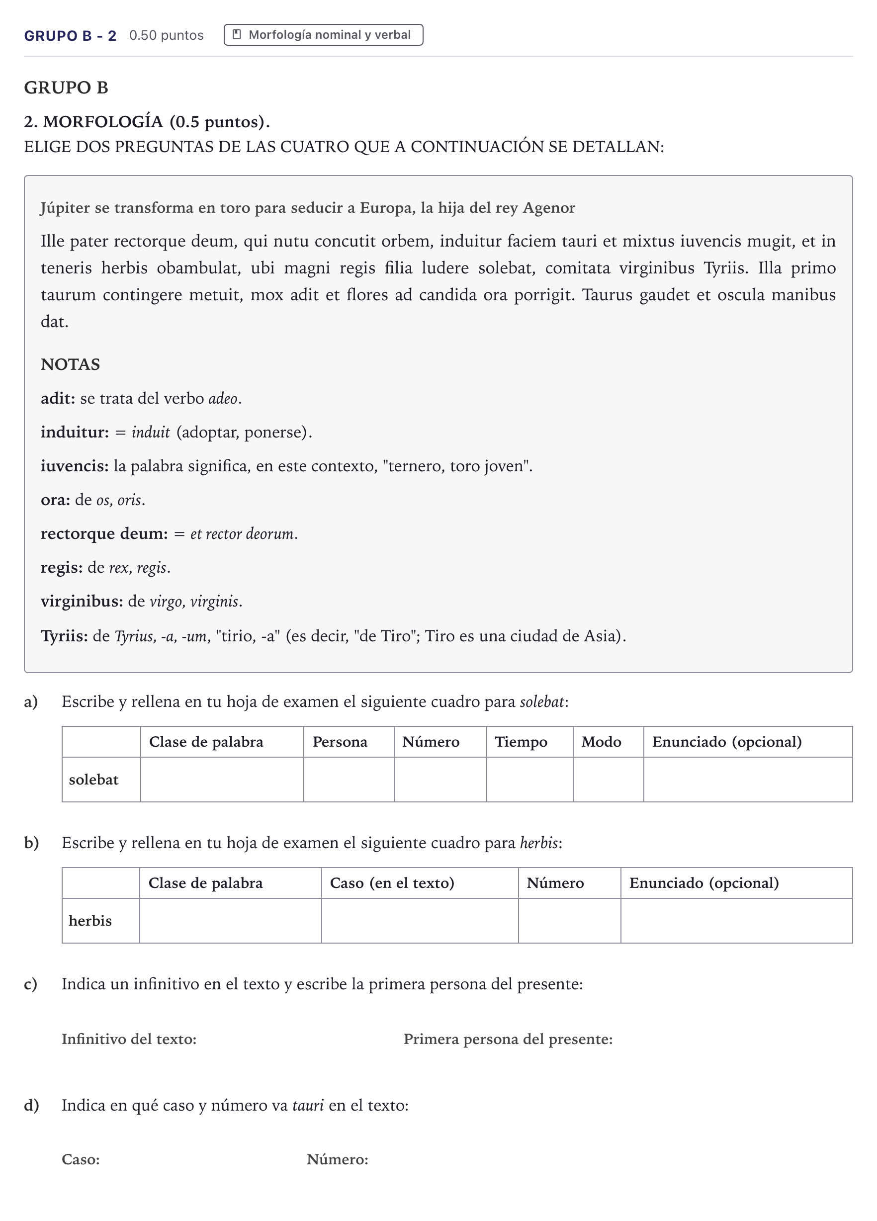 Enunciado: Ejercicio Grupo B - 2 · Latín II PAU Canarias Julio 2024