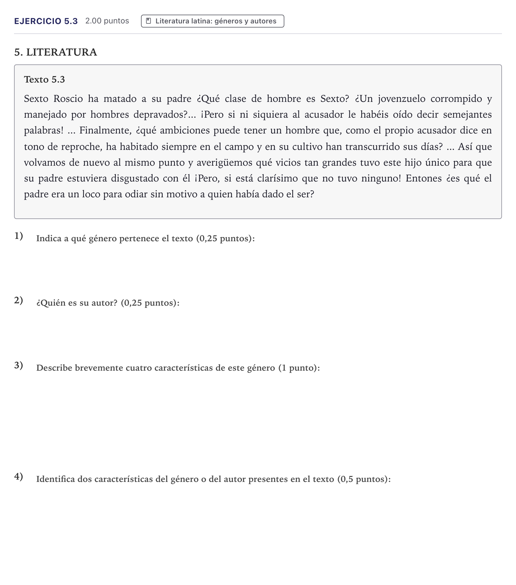 Enunciado: Ejercicio 5.3 · Latín II PAU Canarias Julio 2024