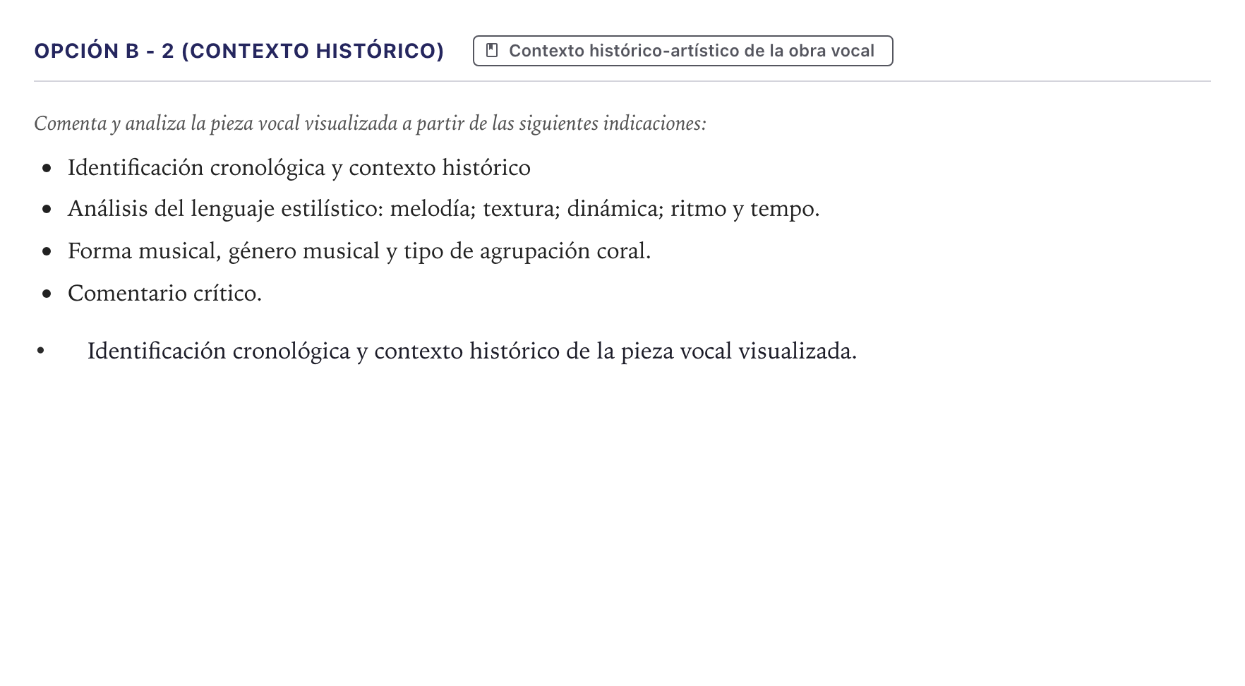 Enunciado: Opción B - 2 (Contexto histórico) · Coro y Técnica Vocal II PAU Canarias Julio 2024