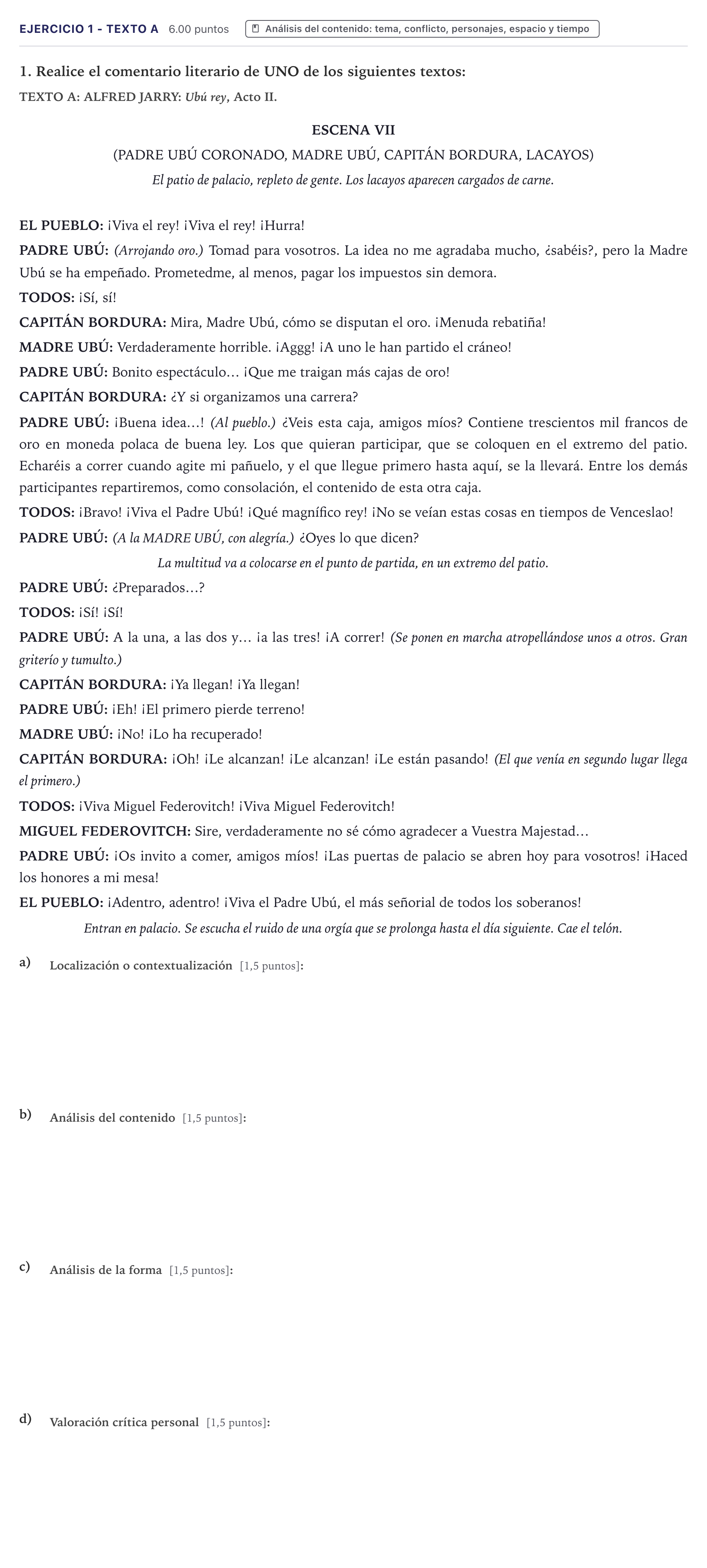 Enunciado: Ejercicio 1 - Texto A · Literatura Dramática PAU Canarias Julio 2024