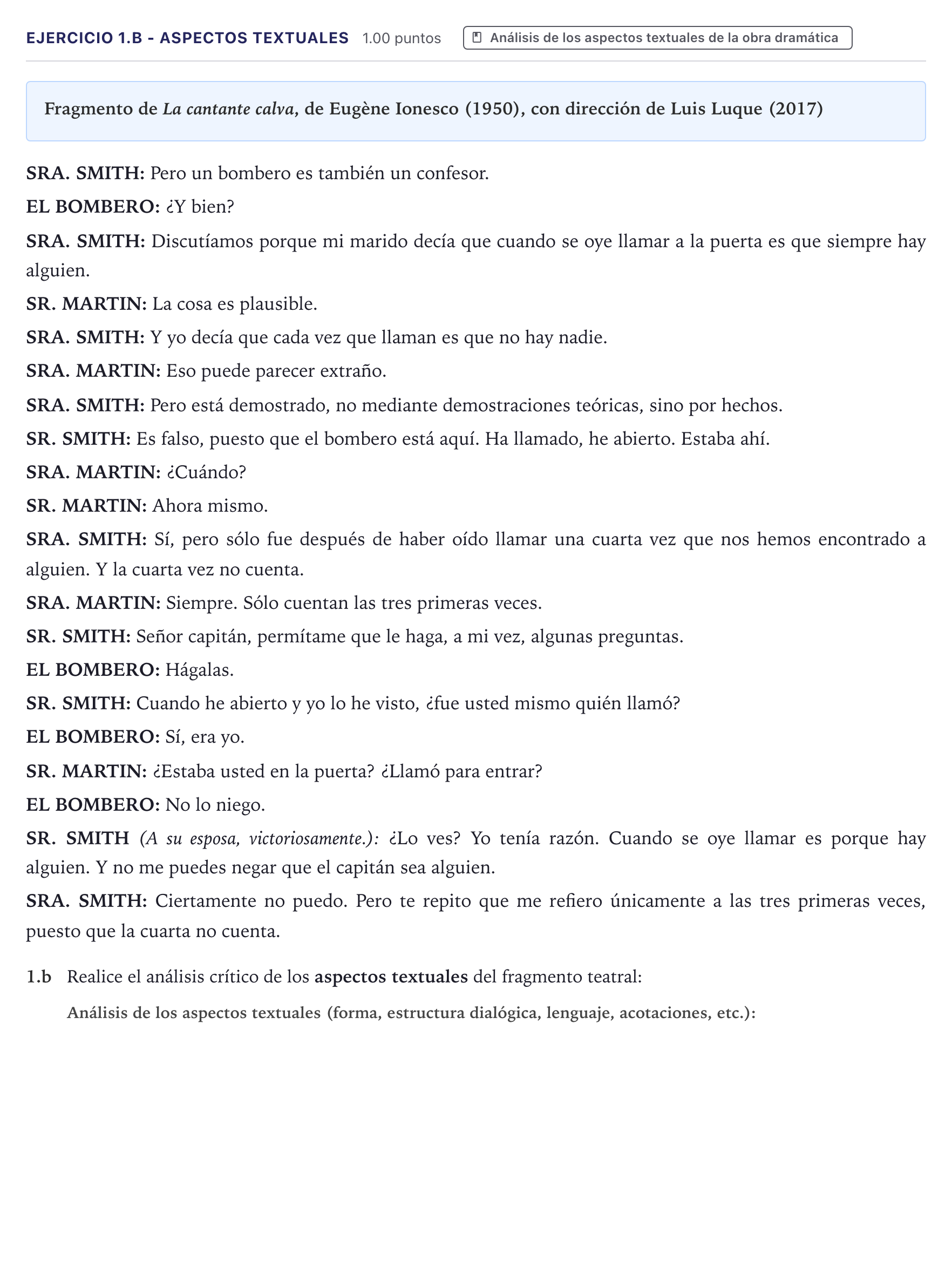 Enunciado: Ejercicio 1.b - Aspectos textuales · Artes Escénicas PAU Canarias Junio 2025