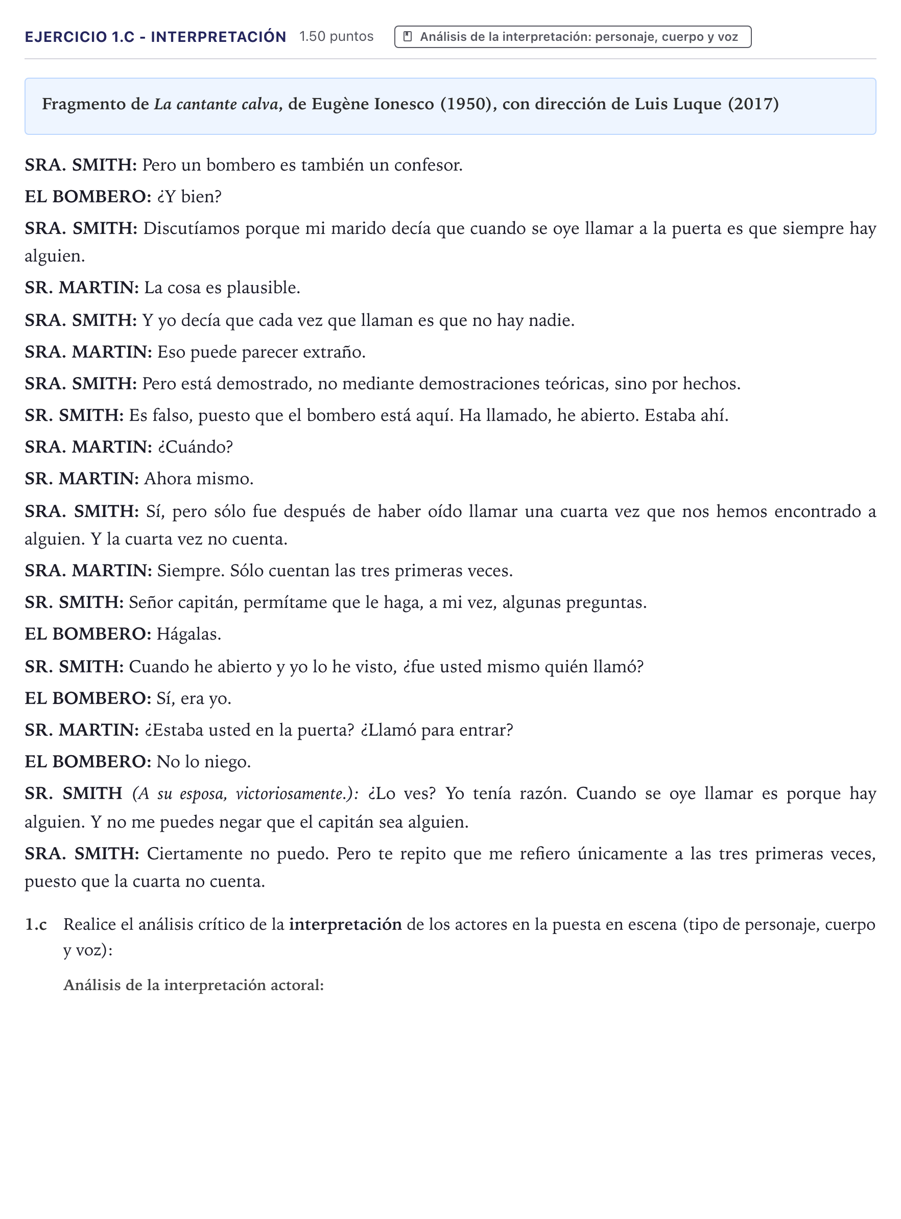 Enunciado: Ejercicio 1.c - Interpretación · Artes Escénicas PAU Canarias Junio 2025
