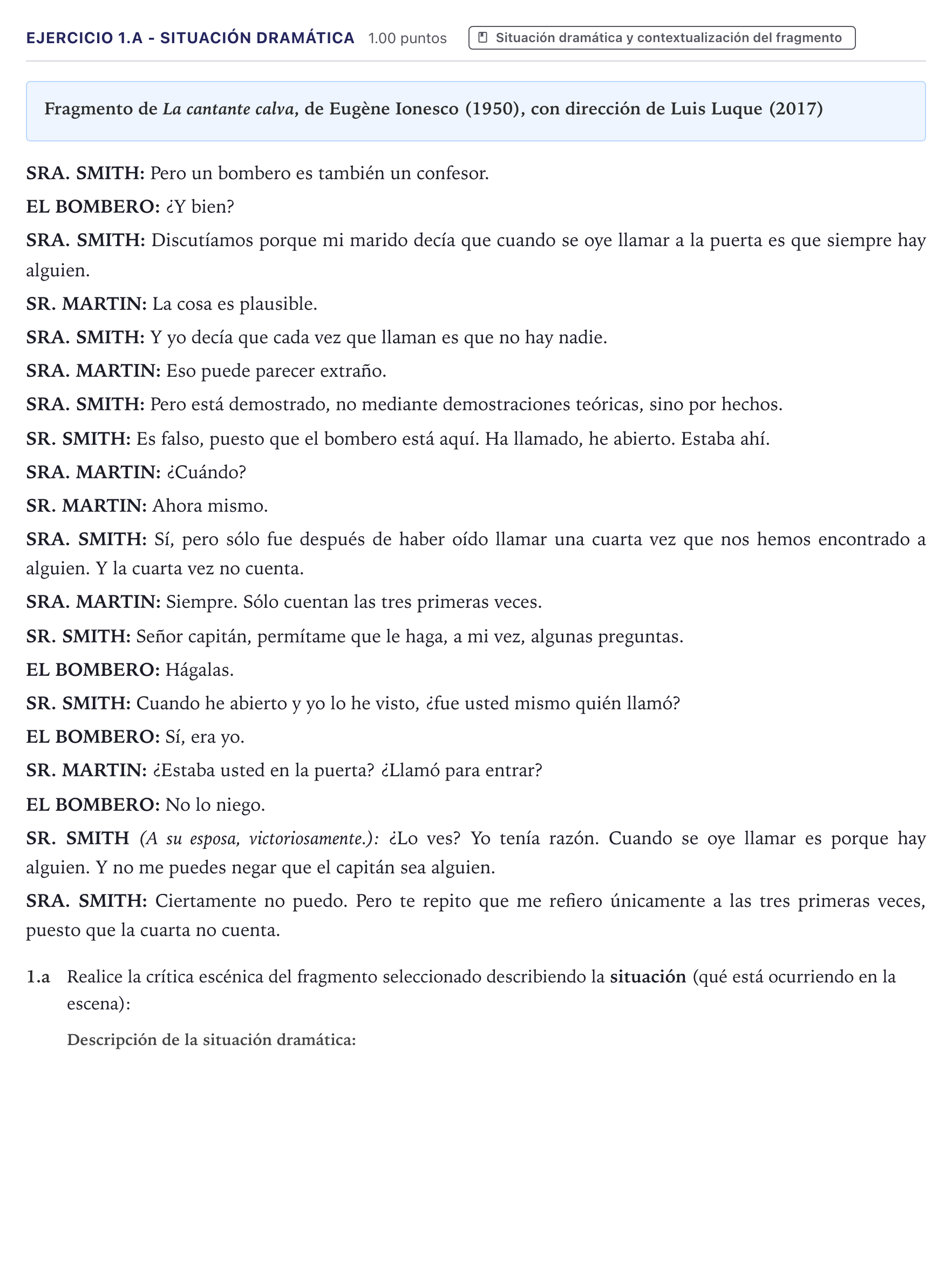 Enunciado: Ejercicio 1.a - Situación dramática · Artes Escénicas PAU Canarias Junio 2025