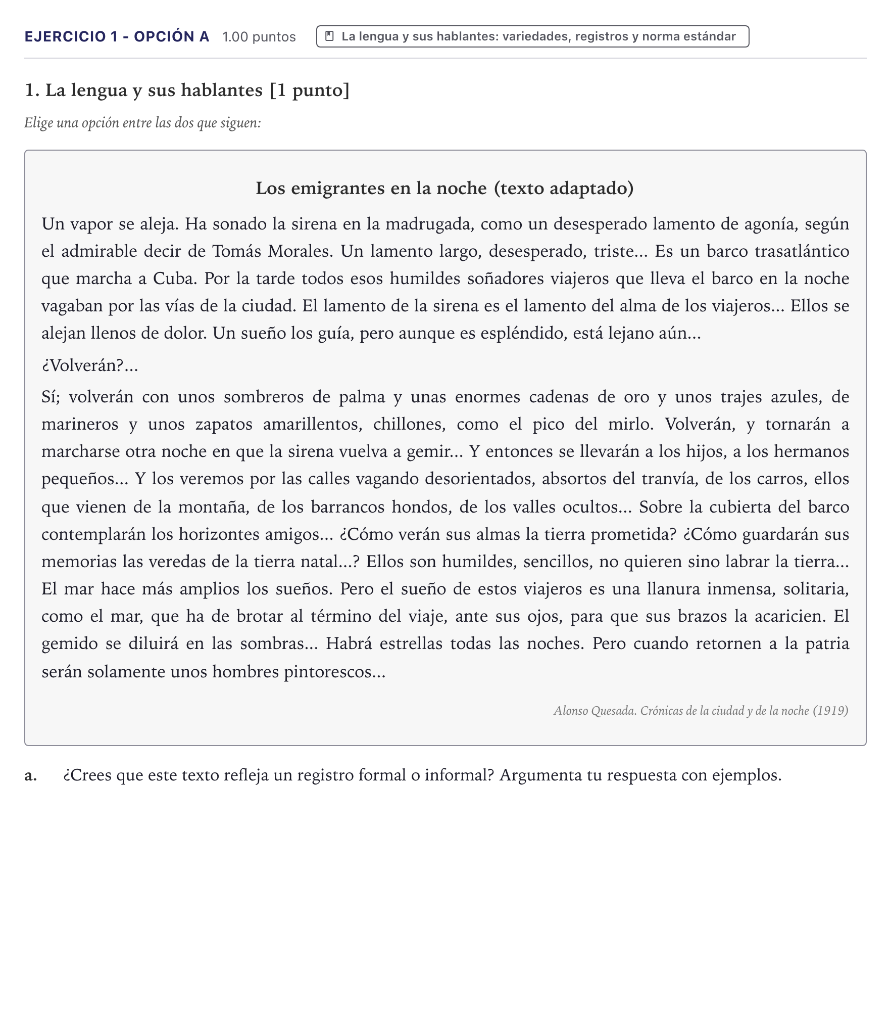 Enunciado: Ejercicio 1 - Opción a · Lengua Castellana y Literatura II PAU Canarias Junio (Ciencias) 2025