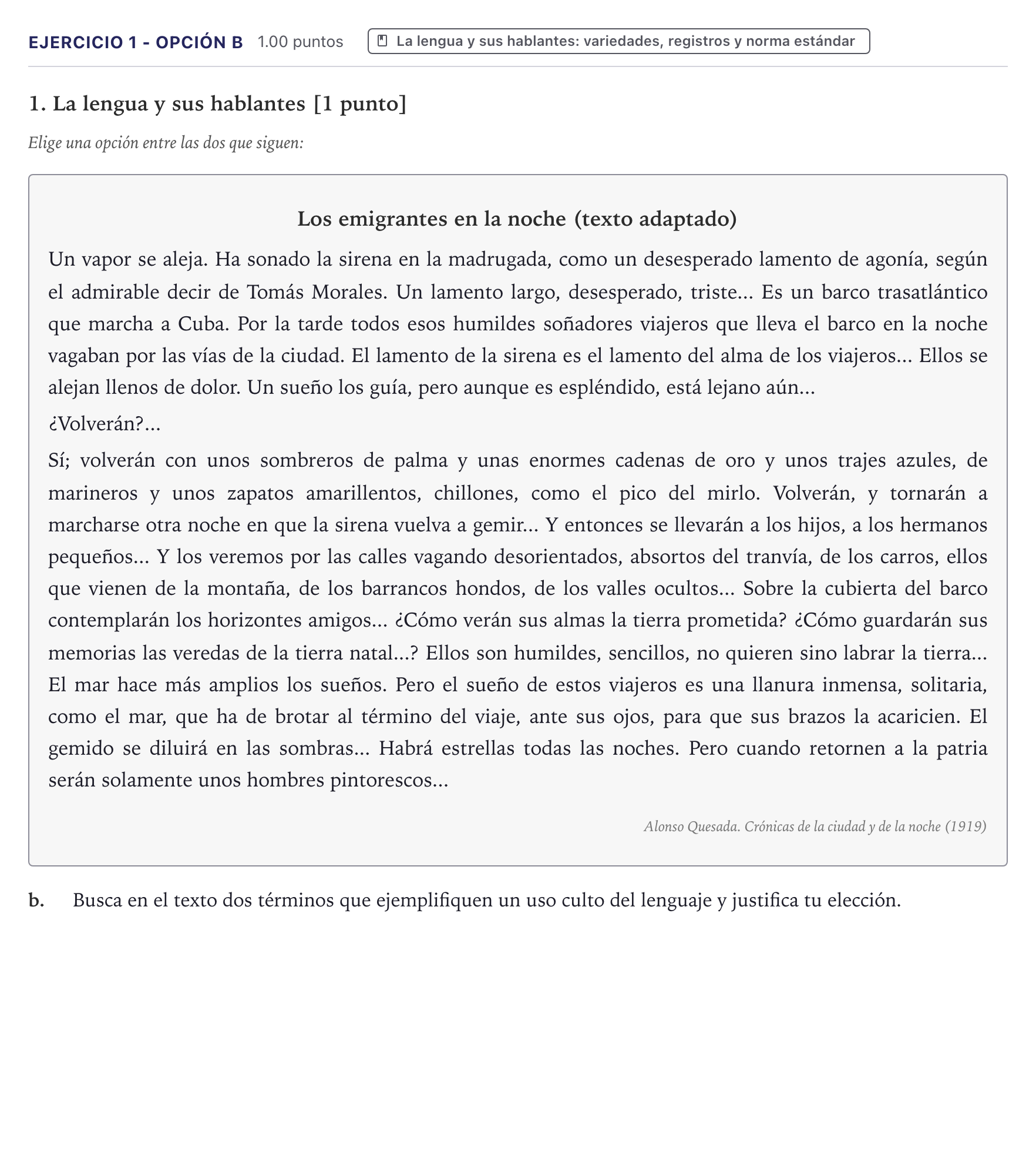 Enunciado: Ejercicio 1 - Opción b · Lengua Castellana y Literatura II PAU Canarias Junio (Ciencias) 2025