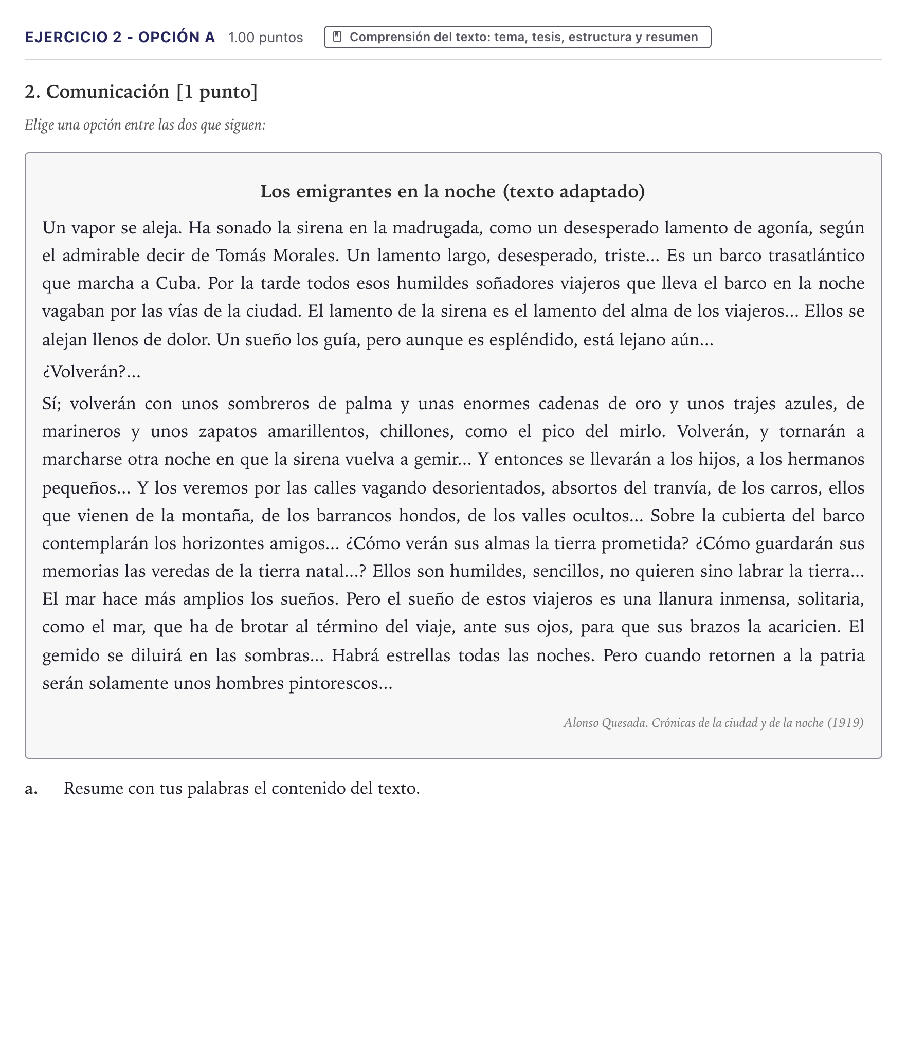 Enunciado: Ejercicio 2 - Opción a · Lengua Castellana y Literatura II PAU Canarias Junio (Ciencias) 2025
