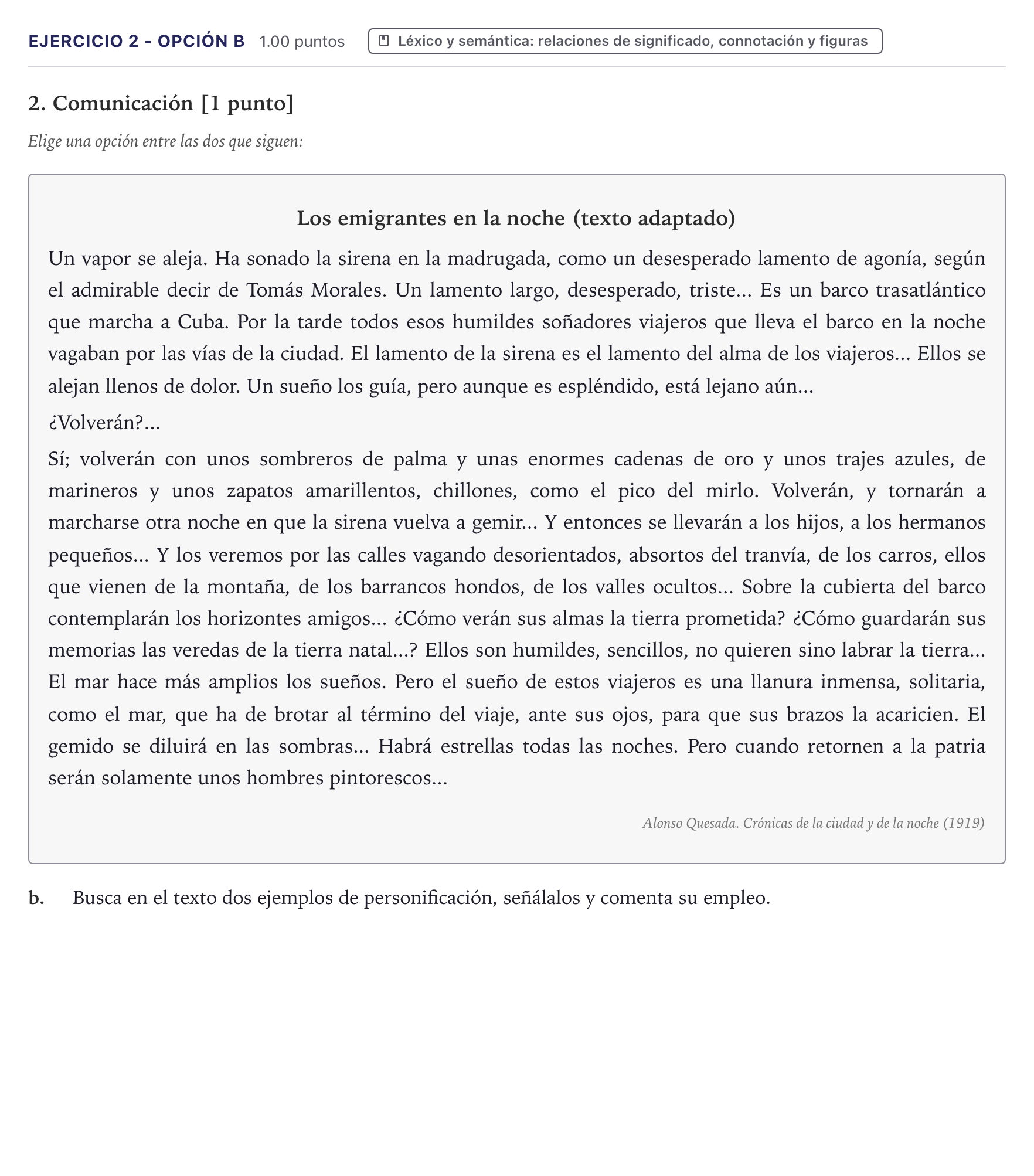 Enunciado: Ejercicio 2 - Opción b · Lengua Castellana y Literatura II PAU Canarias Junio (Ciencias) 2025