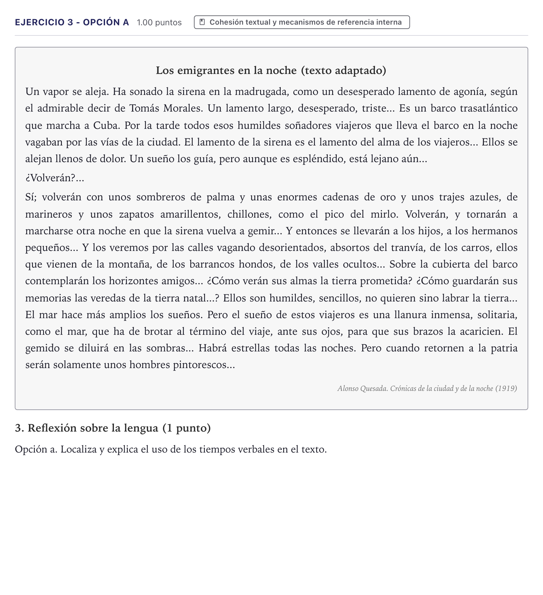 Enunciado: Ejercicio 3 - Opción a · Lengua Castellana y Literatura II PAU Canarias Junio (Ciencias) 2025