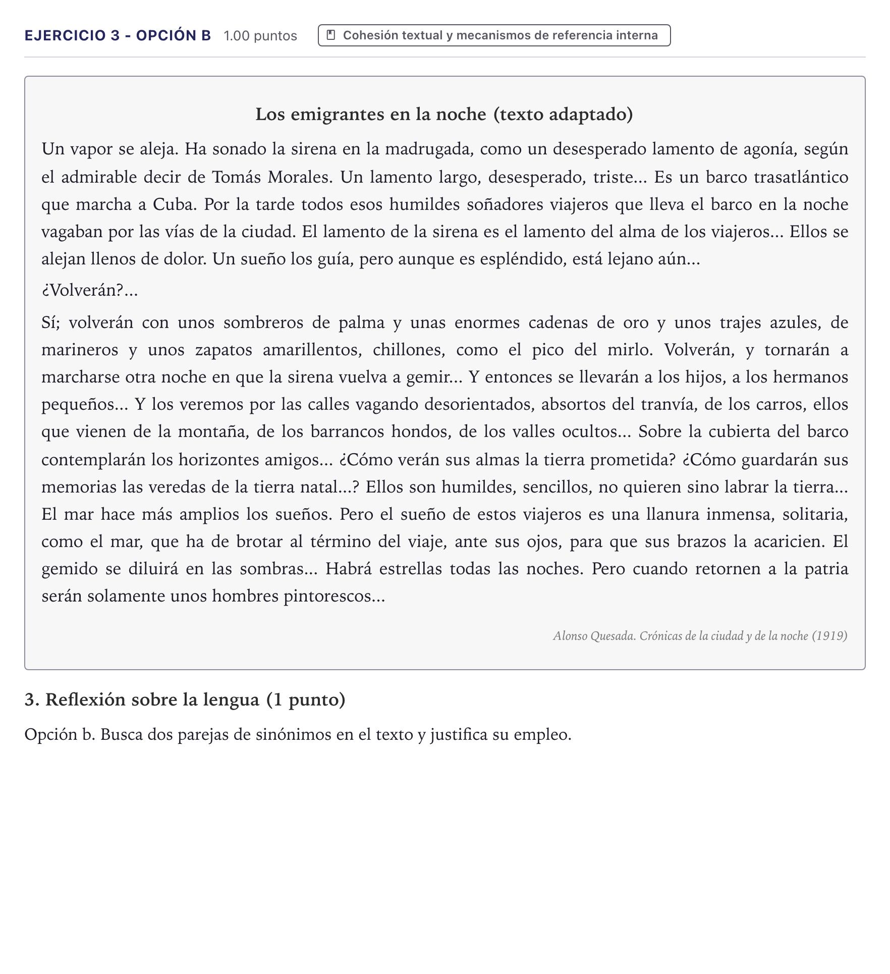 Enunciado: Ejercicio 3 - Opción b · Lengua Castellana y Literatura II PAU Canarias Junio (Ciencias) 2025