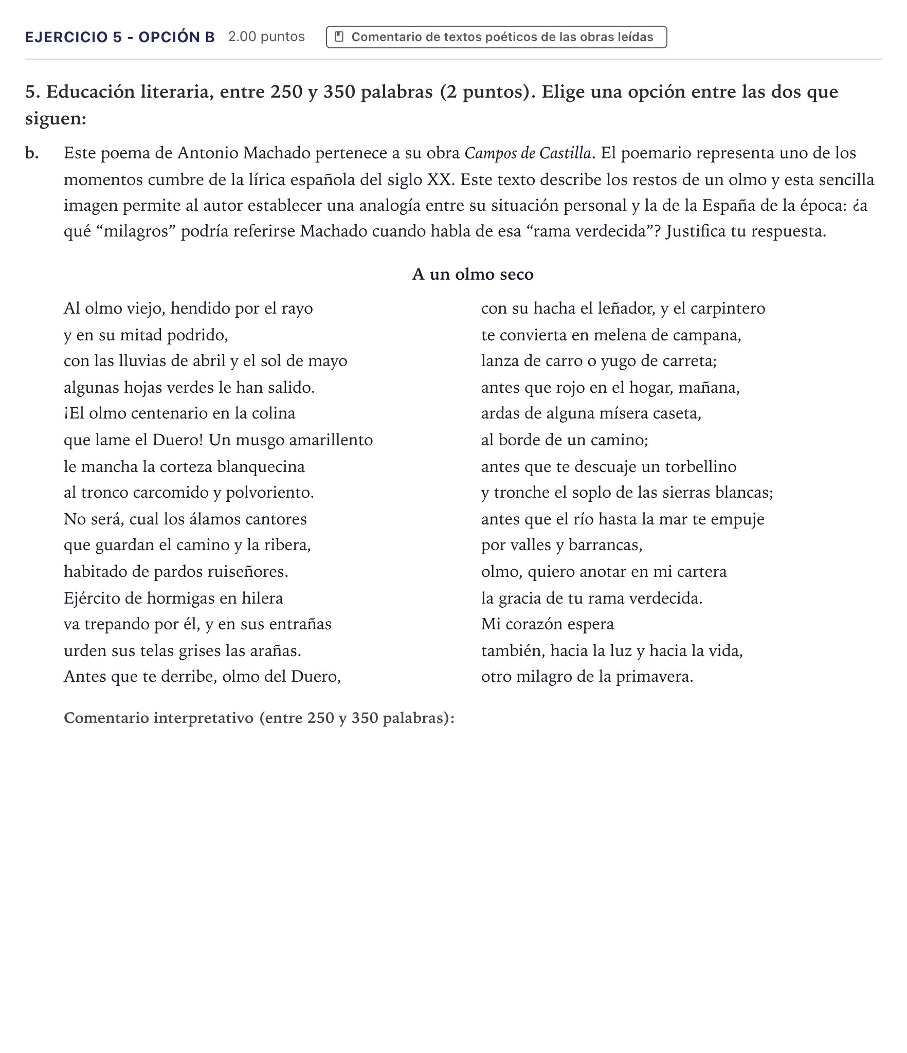 Enunciado: Ejercicio 5 - Opción b · Lengua Castellana y Literatura II PAU Canarias Junio (Ciencias) 2025