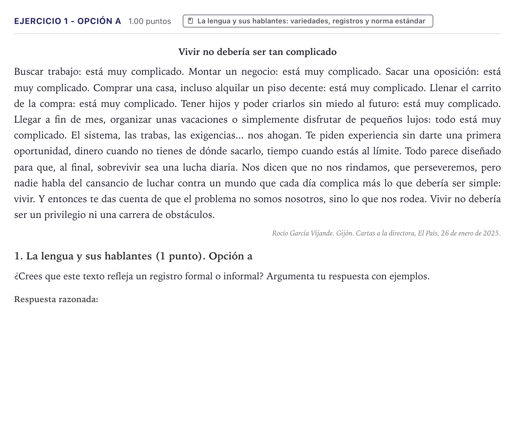 Enunciado: Ejercicio 1 - Opción a · Lengua Castellana y Literatura II PAU Canarias Junio (Humanidades) 2025