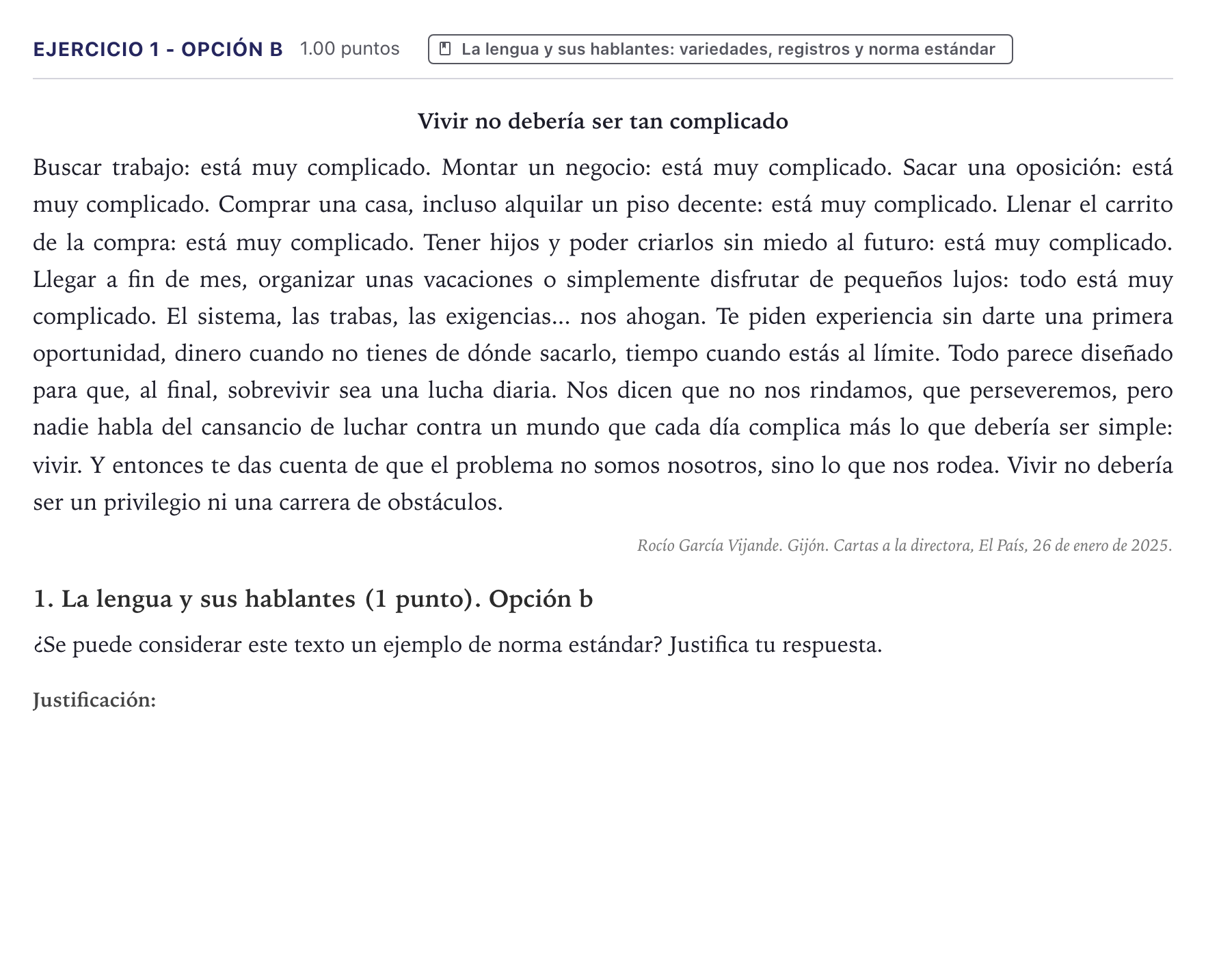 Enunciado: Ejercicio 1 - Opción b · Lengua Castellana y Literatura II PAU Canarias Junio (Humanidades) 2025