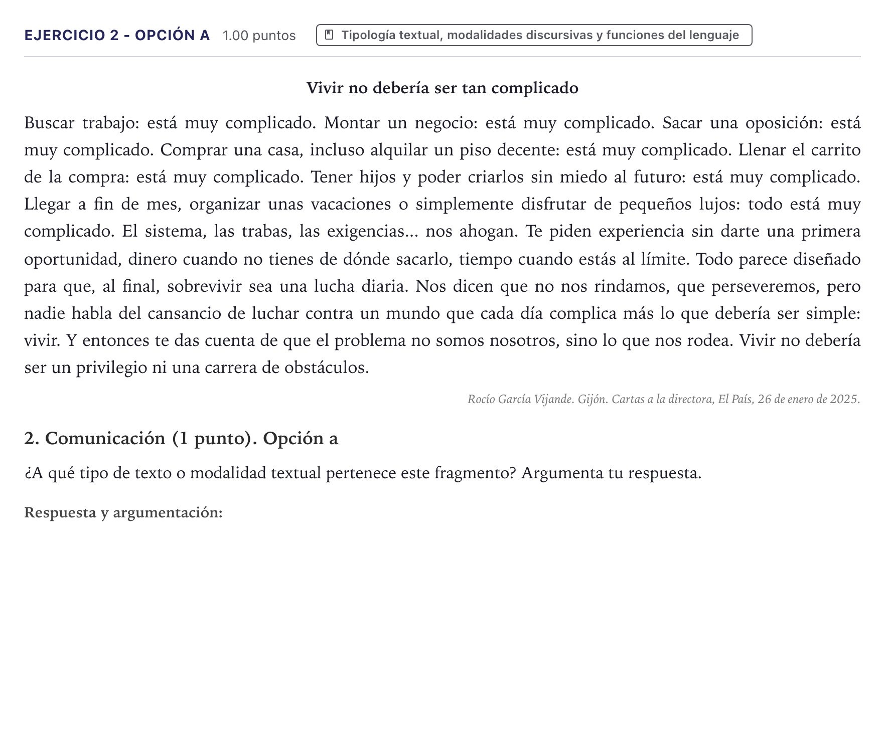 Enunciado: Ejercicio 2 - Opción a · Lengua Castellana y Literatura II PAU Canarias Junio (Humanidades) 2025