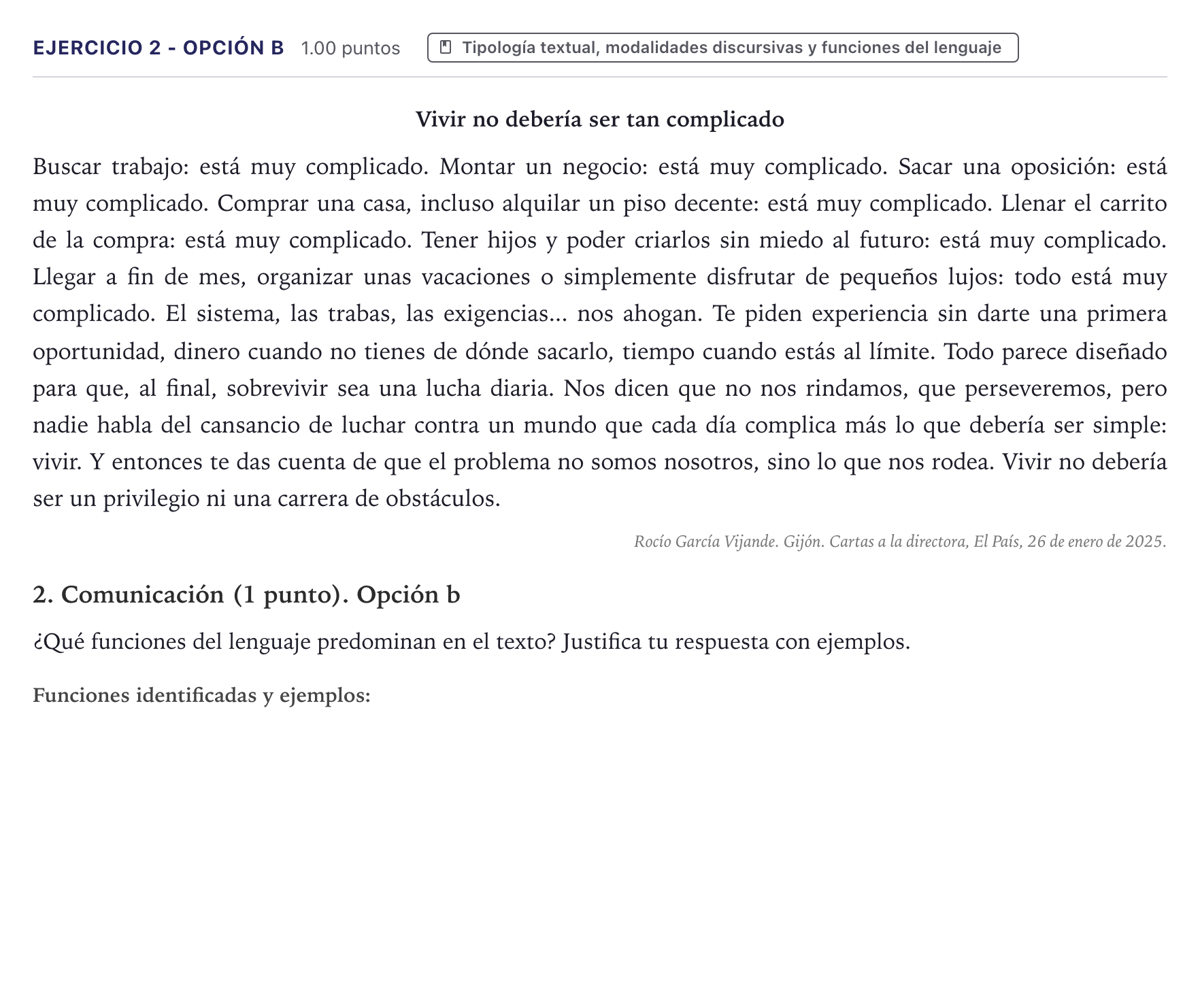 Enunciado: Ejercicio 2 - Opción b · Lengua Castellana y Literatura II PAU Canarias Junio (Humanidades) 2025