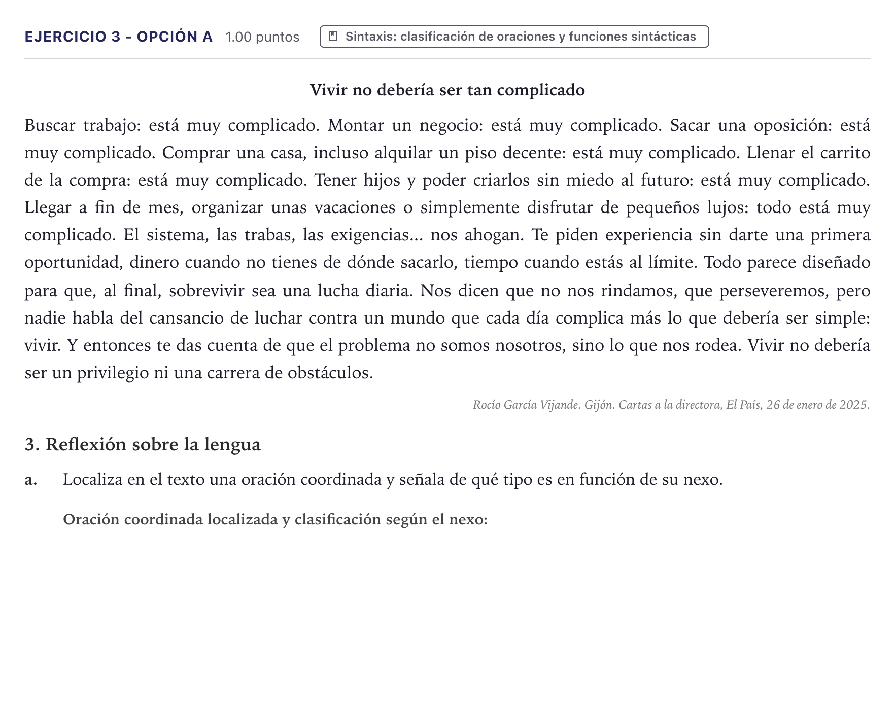 Enunciado: Ejercicio 3 - Opción a · Lengua Castellana y Literatura II PAU Canarias Junio (Humanidades) 2025
