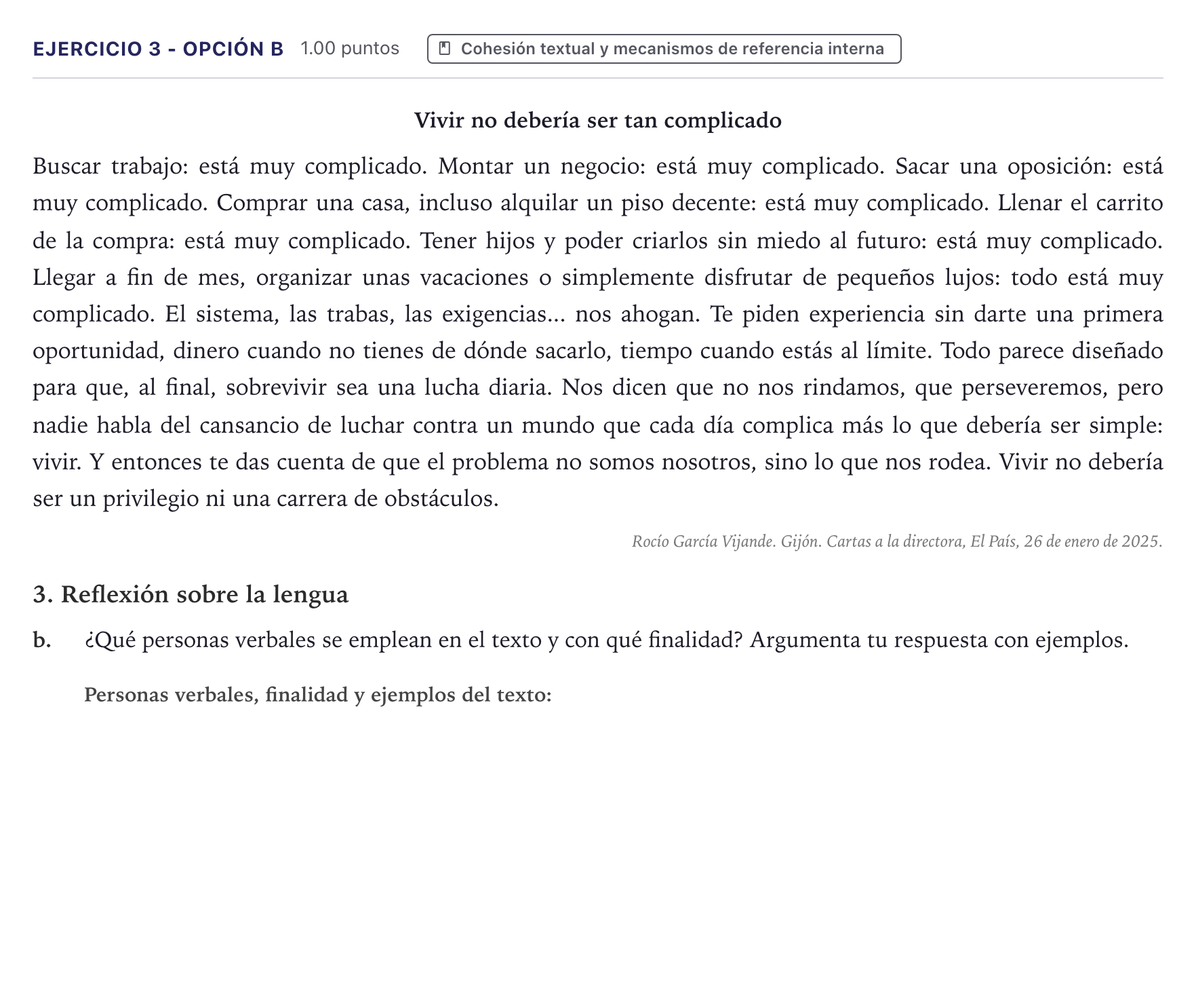 Enunciado: Ejercicio 3 - Opción b · Lengua Castellana y Literatura II PAU Canarias Junio (Humanidades) 2025