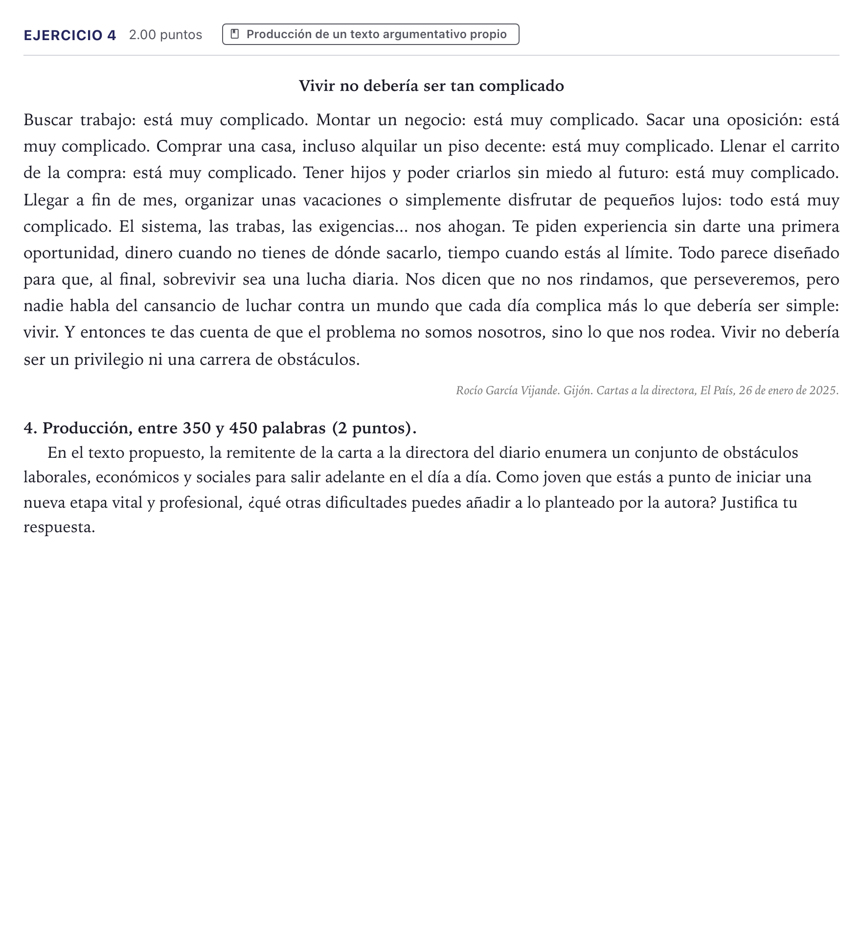 Enunciado: Problema 4 · Lengua Castellana y Literatura II PAU Canarias Junio (Humanidades) 2025