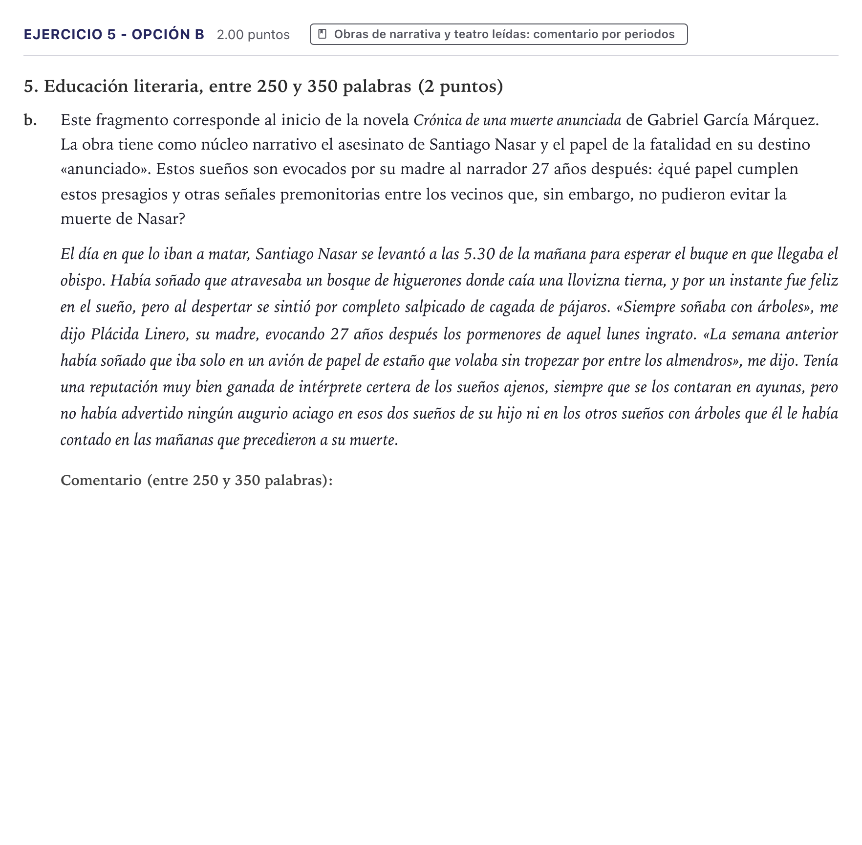 Enunciado: Ejercicio 5 - Opción b · Lengua Castellana y Literatura II PAU Canarias Junio (Humanidades) 2025