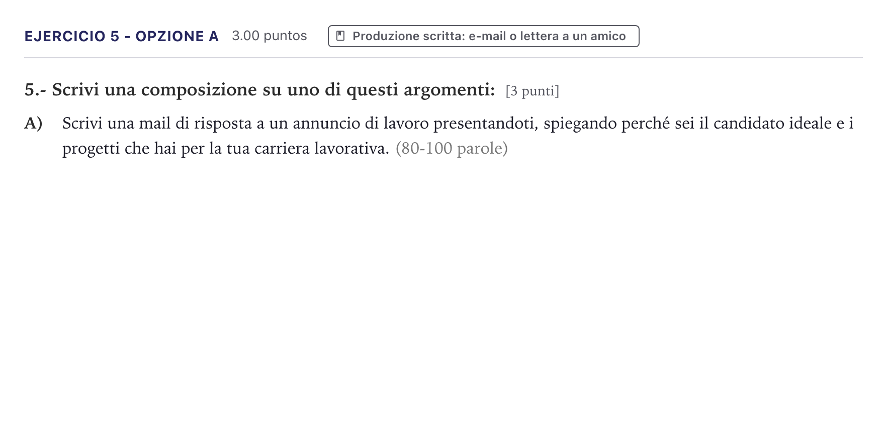 Enunciado: Ejercicio 5 - Opzione A · Italiano PAU Canarias Junio (Ciencias) 2025