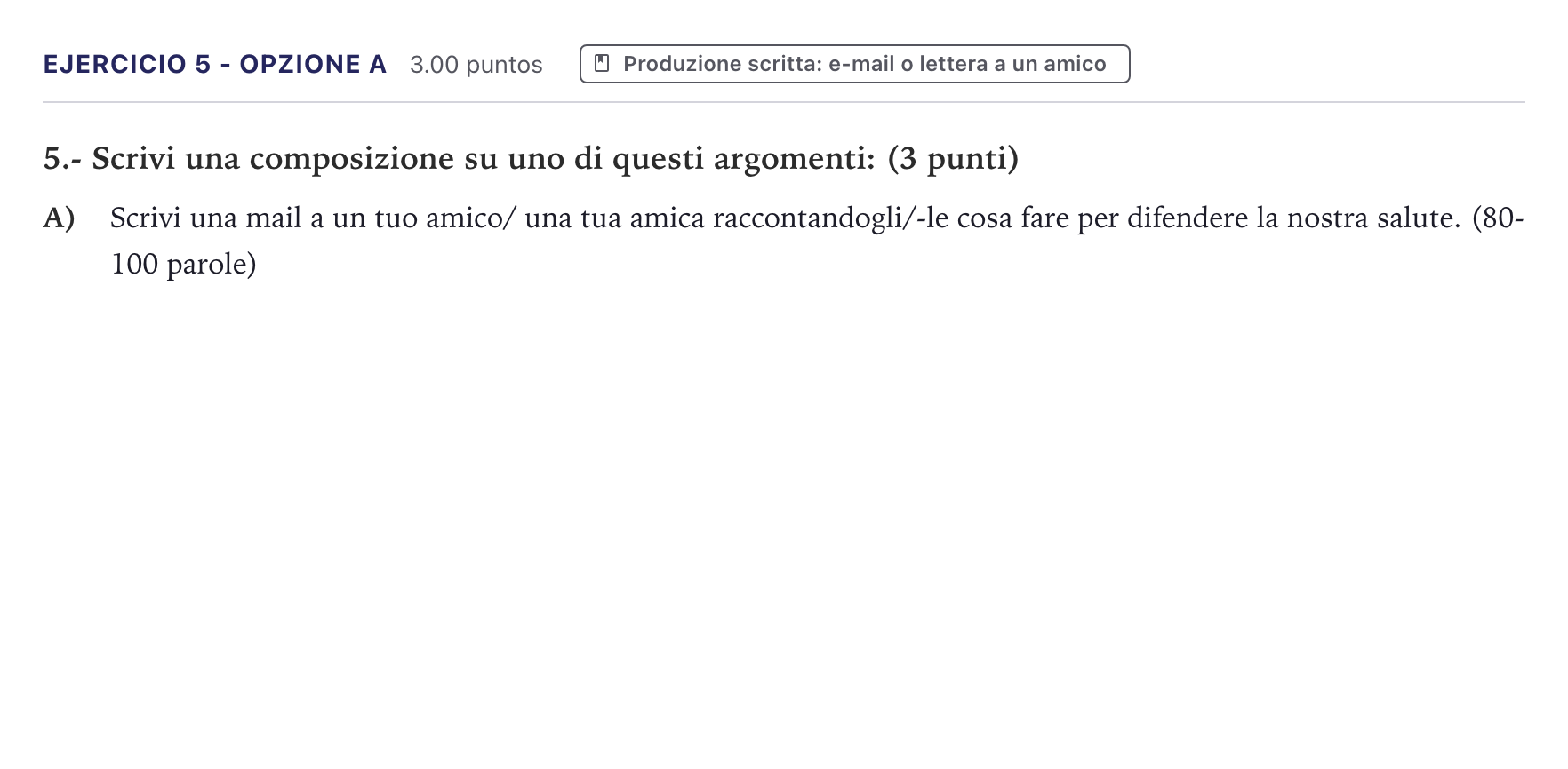Enunciado: Ejercicio 5 - Opzione A · Italiano PAU Canarias Junio (Humanidades) 2025