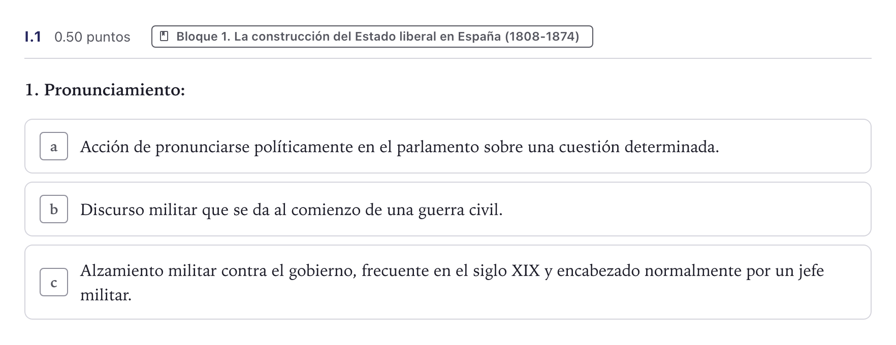Enunciado: Ejercicio I.1 · Historia de España PAU Canarias Junio (Ciencias) 2025