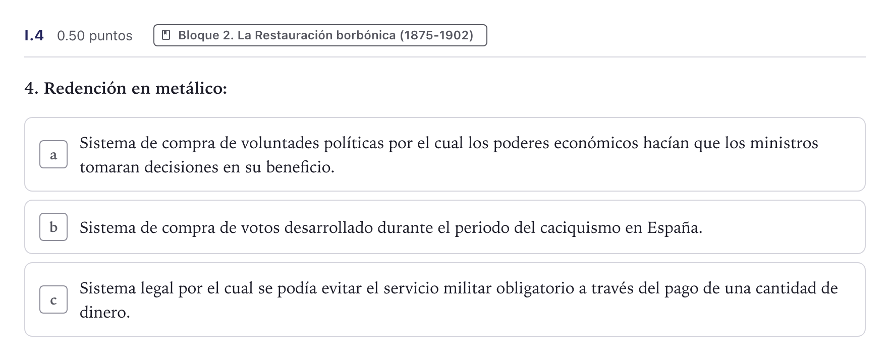 Enunciado: Ejercicio I.4 · Historia de España PAU Canarias Junio (Ciencias) 2025