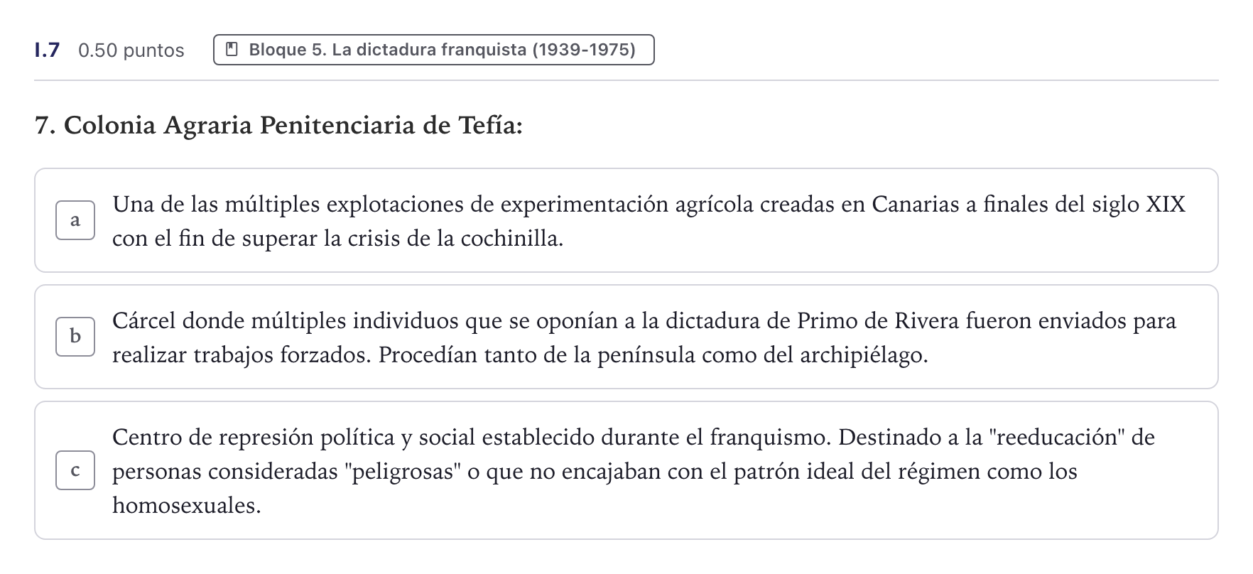 Enunciado: Ejercicio I.7 · Historia de España PAU Canarias Junio (Ciencias) 2025
