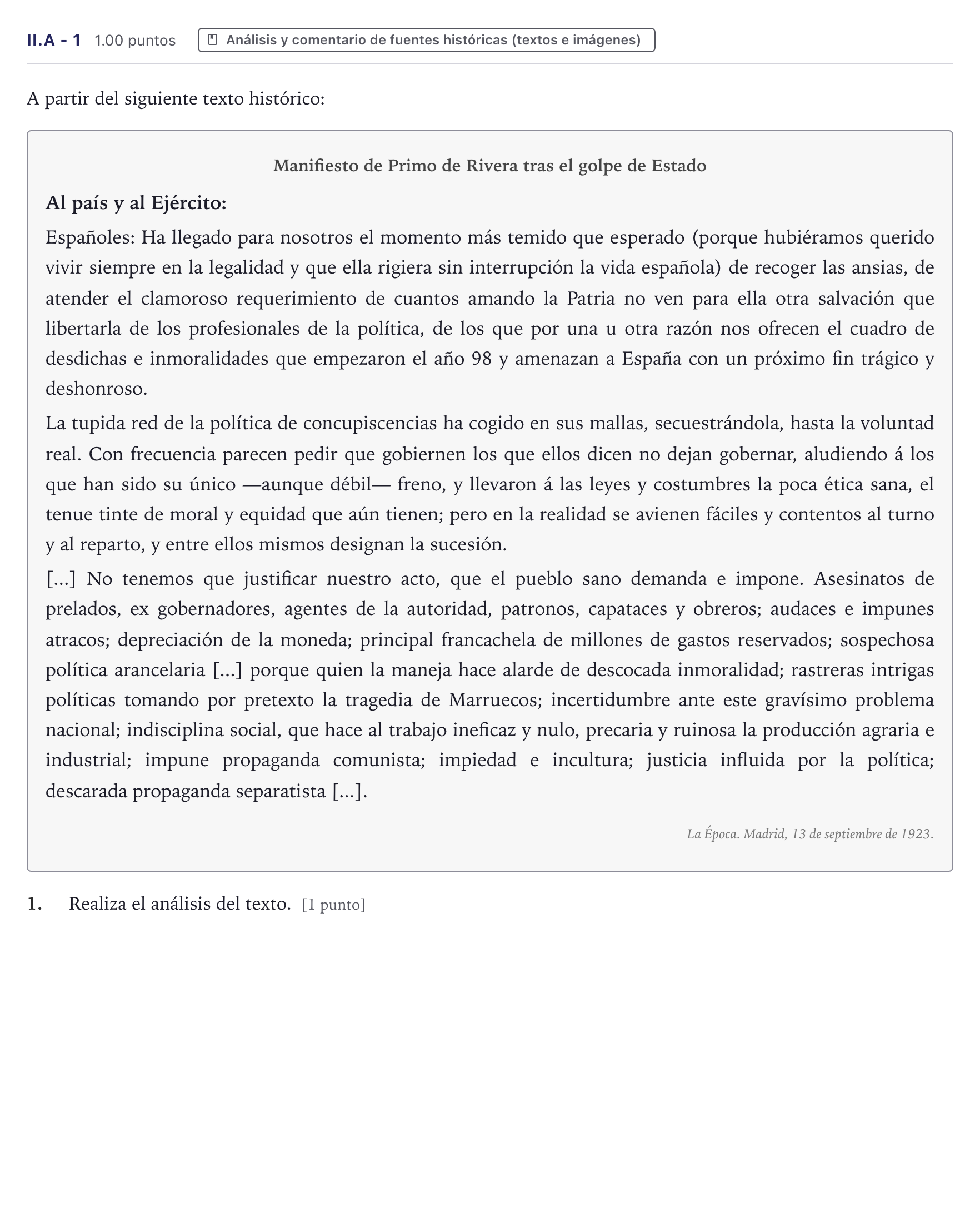 Enunciado: Ejercicio II.A - 1 · Historia de España PAU Canarias Junio (Ciencias) 2025