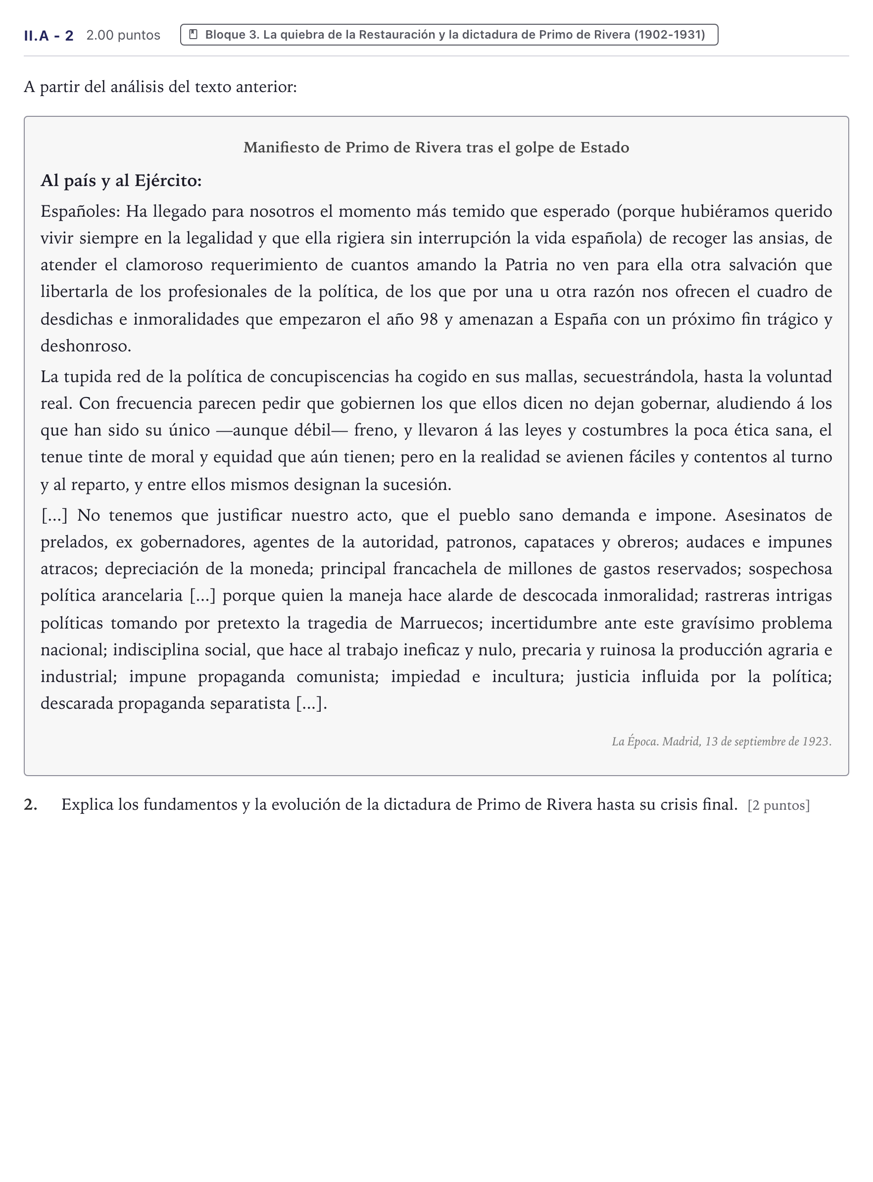 Enunciado: Ejercicio II.A - 2 · Historia de España PAU Canarias Junio (Ciencias) 2025