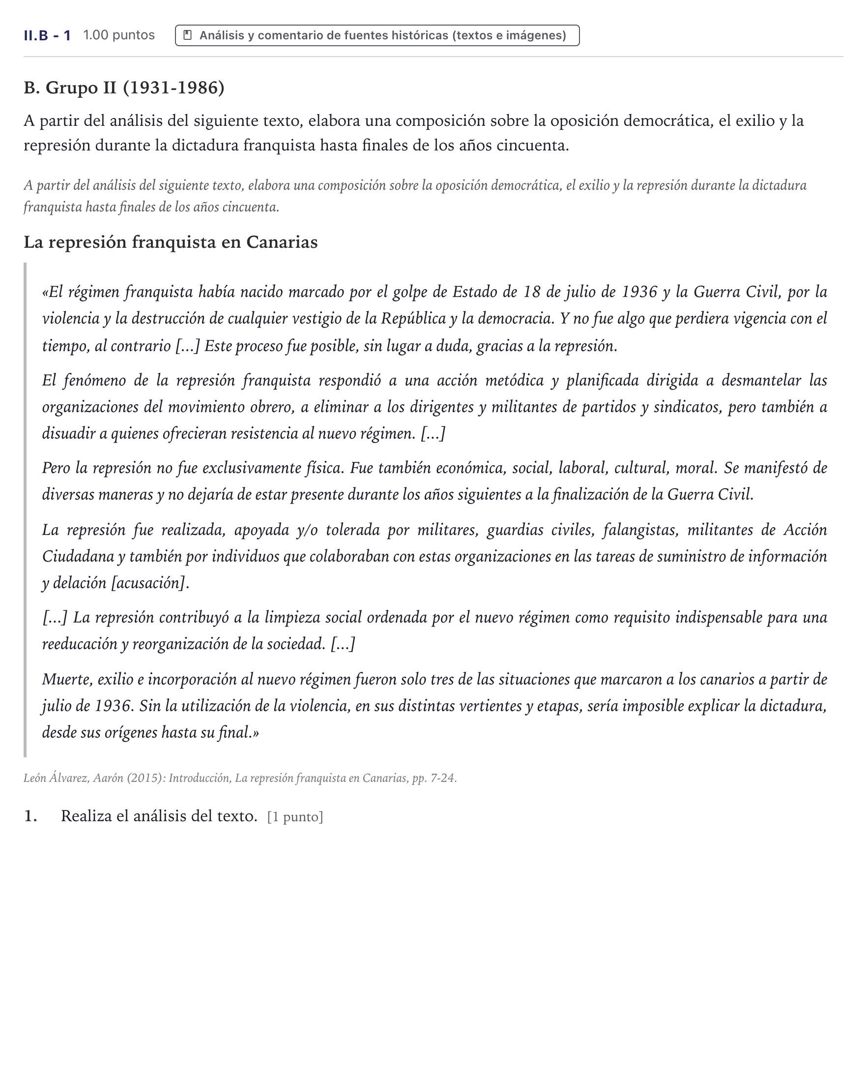 Enunciado: Ejercicio II.B - 1 · Historia de España PAU Canarias Junio (Ciencias) 2025
