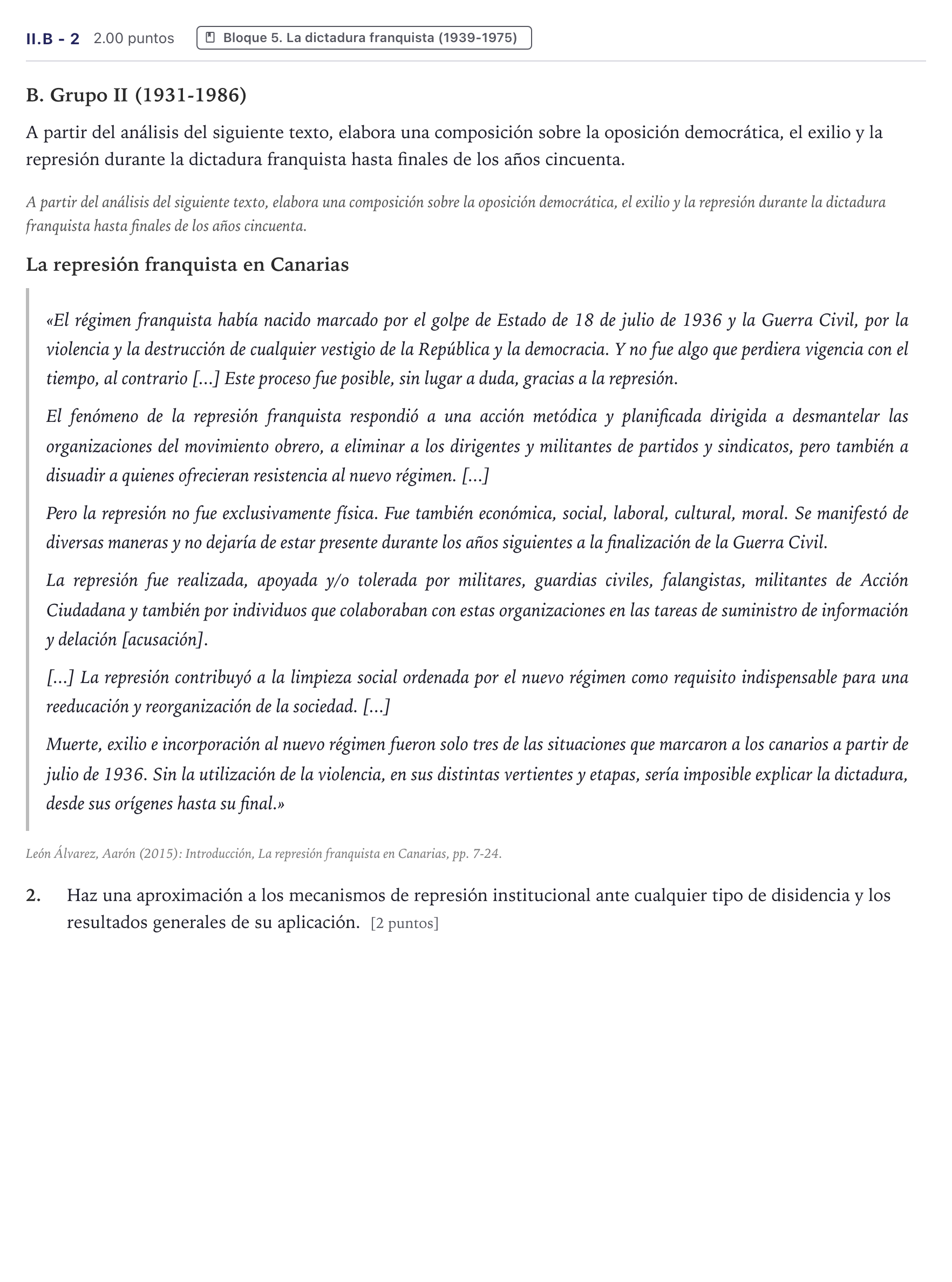 Enunciado: Ejercicio II.B - 2 · Historia de España PAU Canarias Junio (Ciencias) 2025