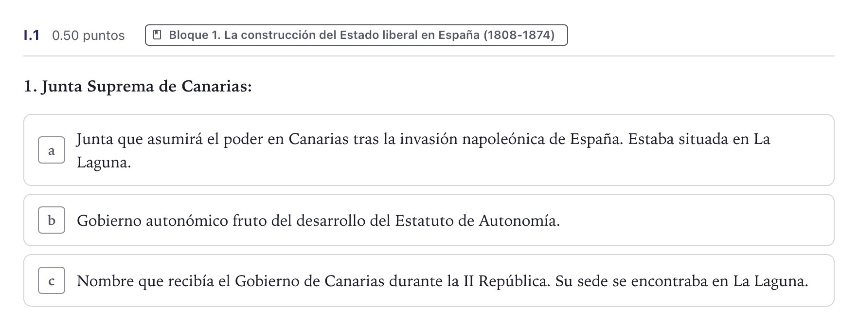 Enunciado: Ejercicio I.1 · Historia de España PAU Canarias Junio (Humanidades) 2025