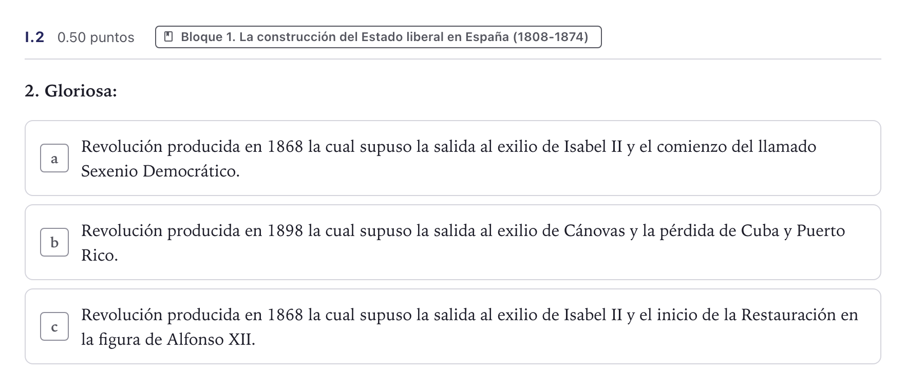 Enunciado: Ejercicio I.2 · Historia de España PAU Canarias Junio (Humanidades) 2025