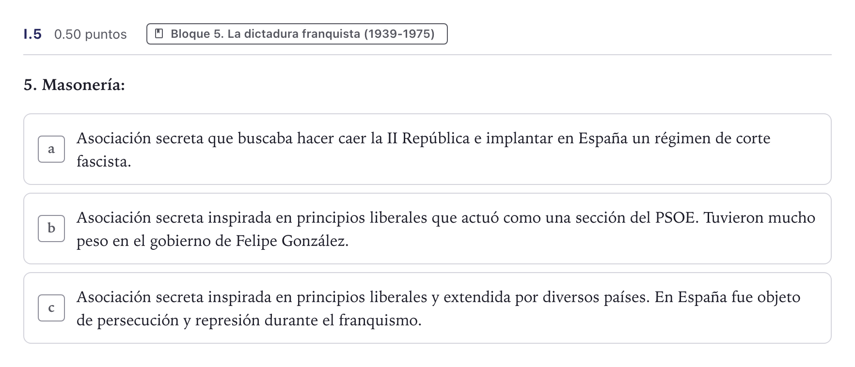 Enunciado: Ejercicio I.5 · Historia de España PAU Canarias Junio (Humanidades) 2025