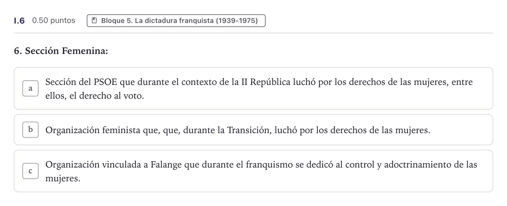 Enunciado: Ejercicio I.6 · Historia de España PAU Canarias Junio (Humanidades) 2025