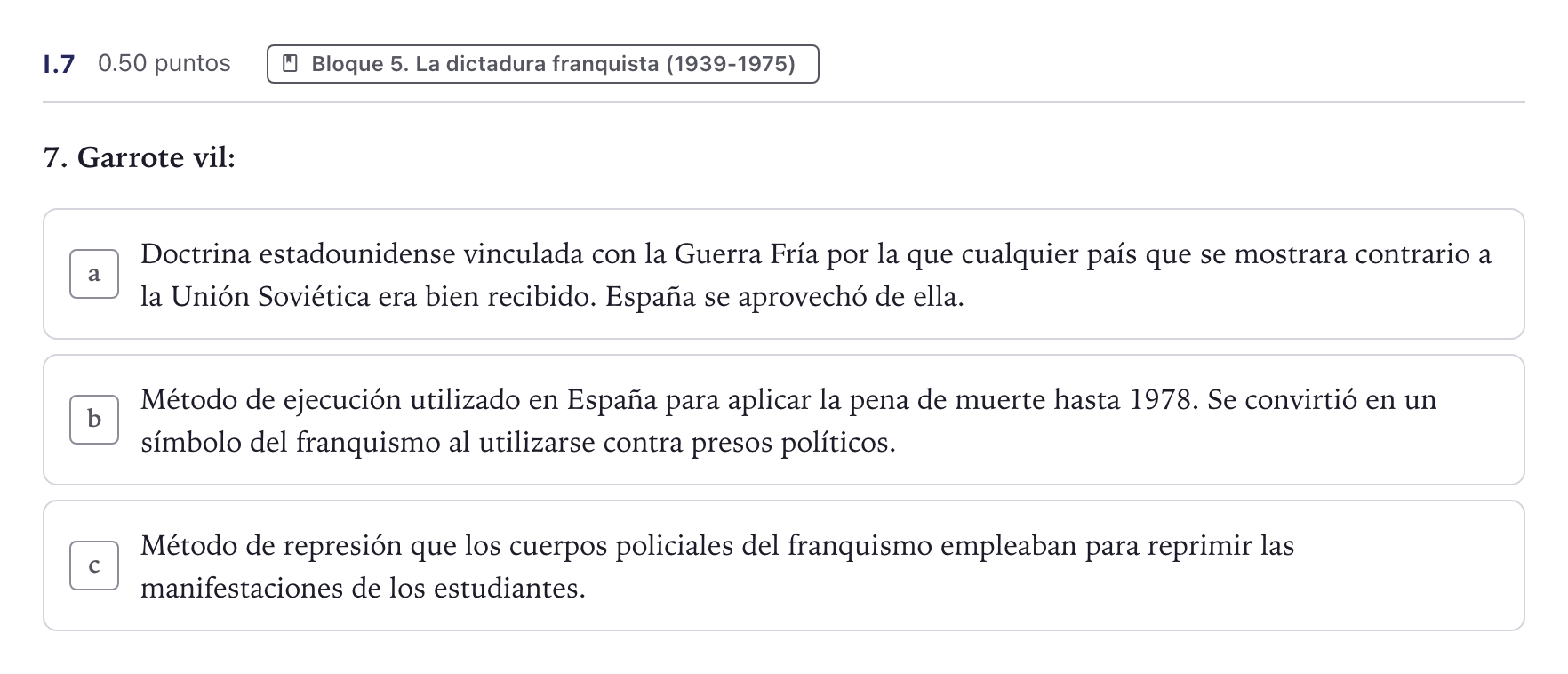 Enunciado: Ejercicio I.7 · Historia de España PAU Canarias Junio (Humanidades) 2025