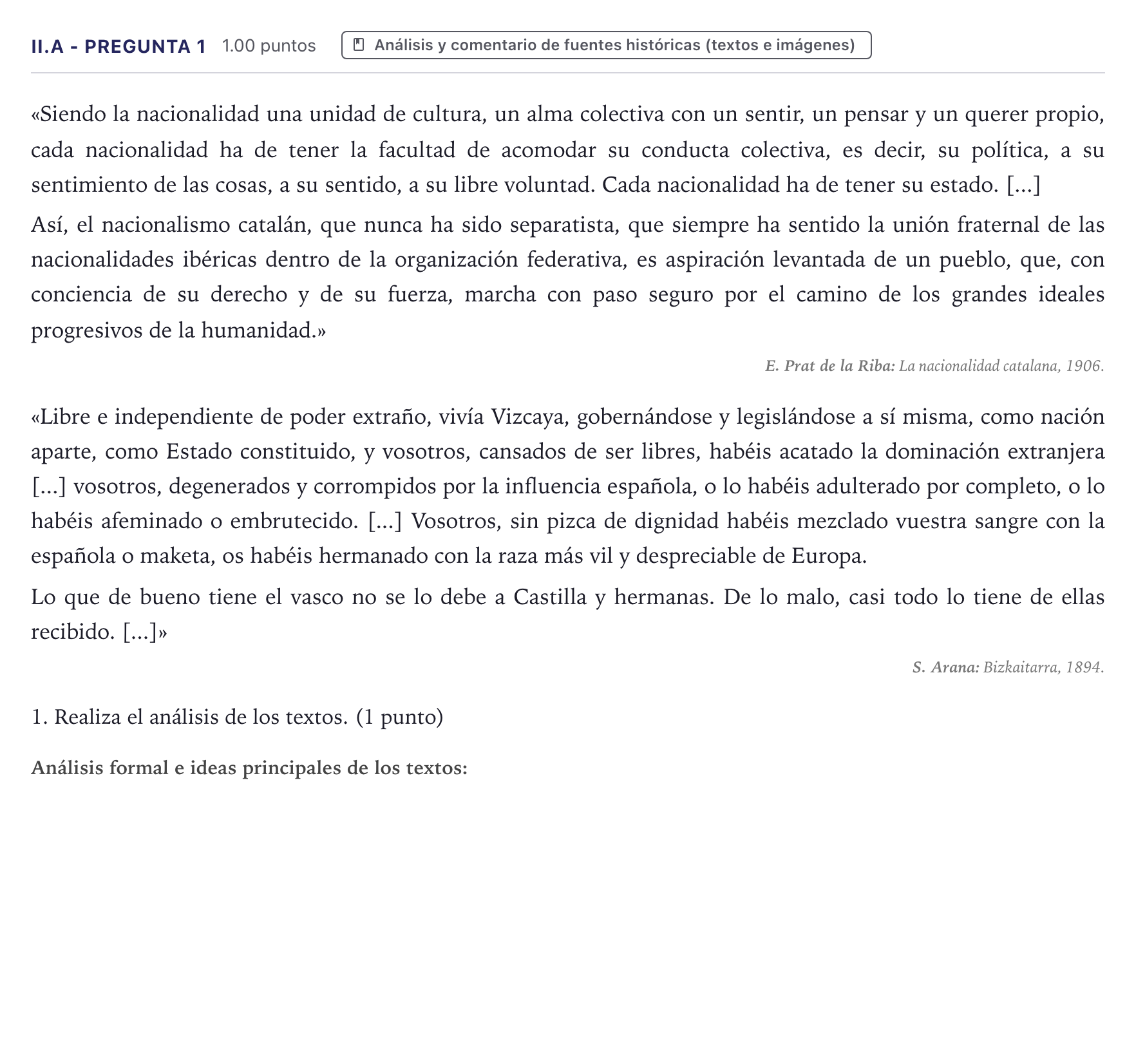 Enunciado: Ejercicio II.A - Pregunta 1 · Historia de España PAU Canarias Junio (Humanidades) 2025